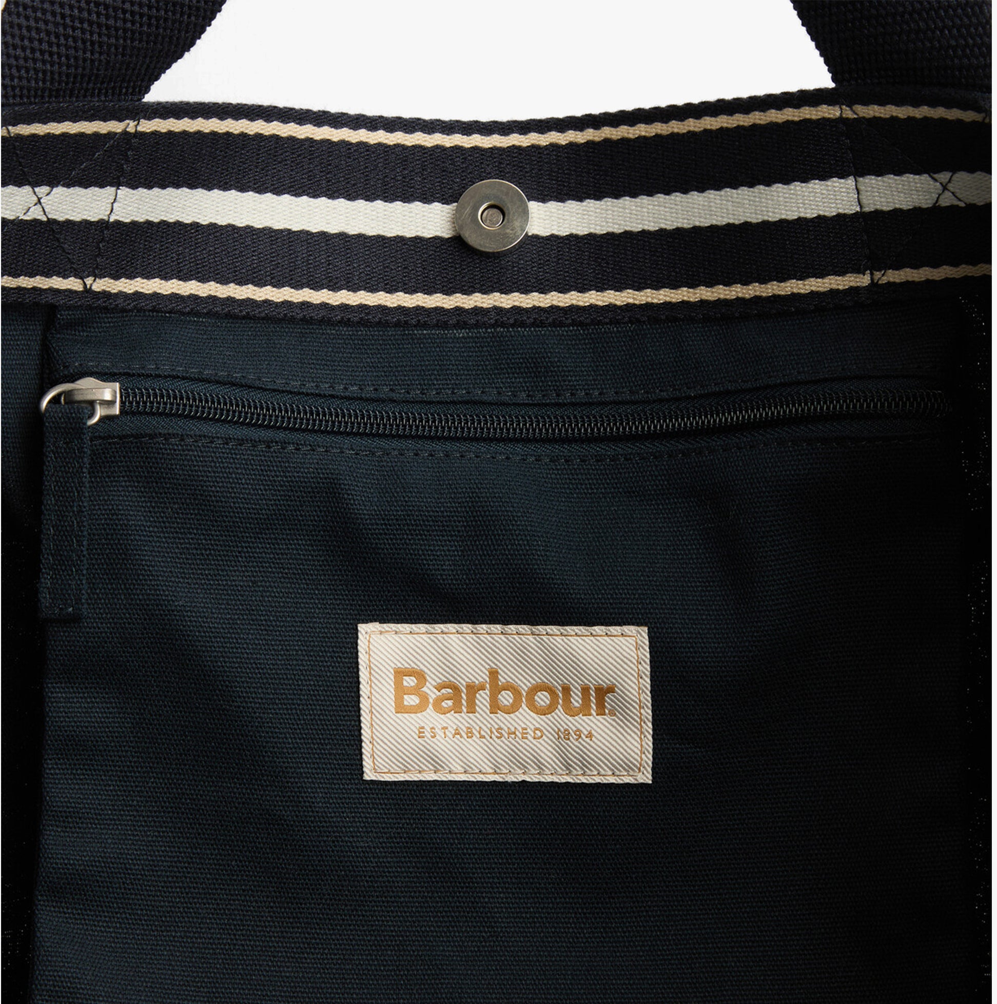Barbour LOGO Womens Holiday Tote Bag Navy/Stone detail view of interior zip pocket and logo