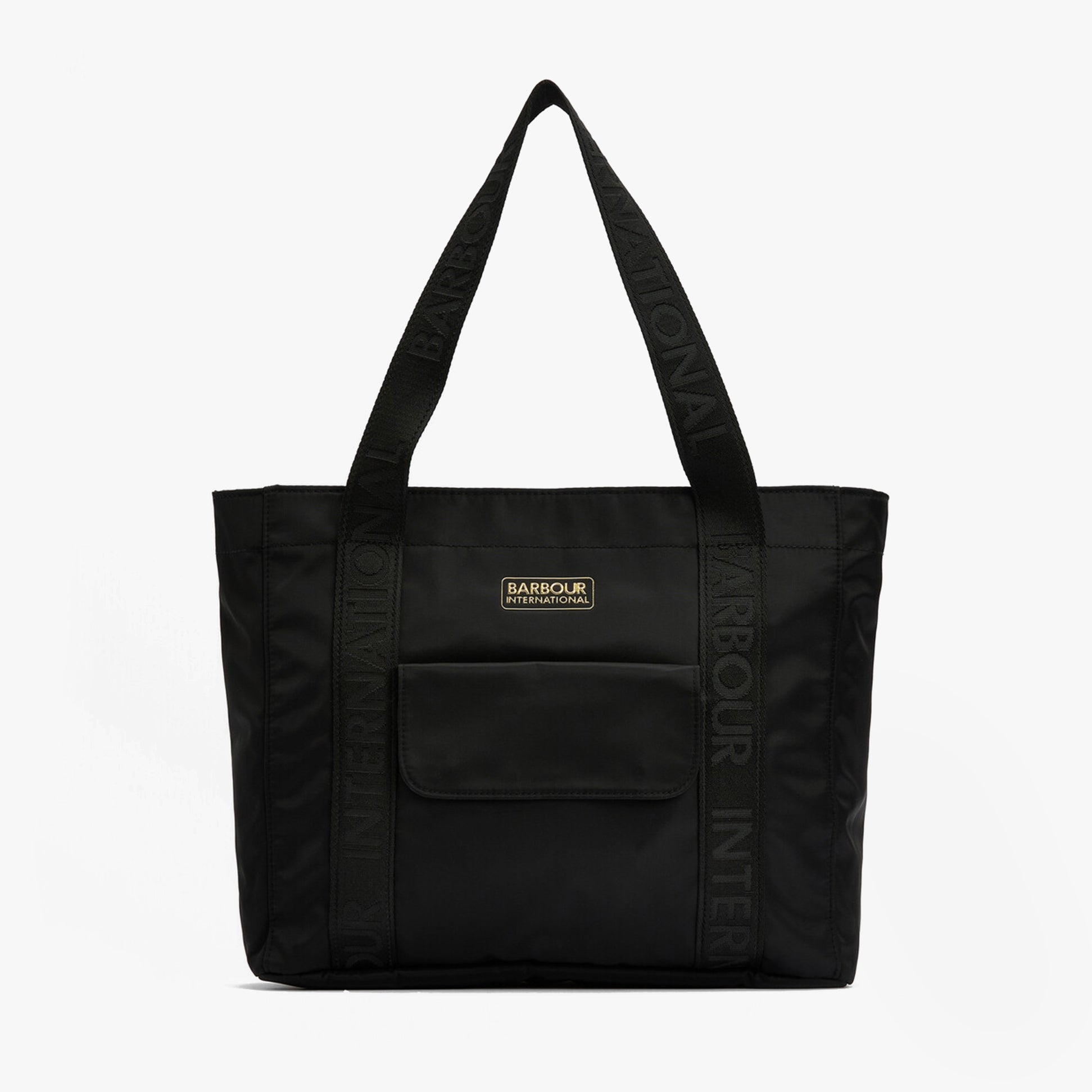 Barbour B.INTL QUALIFY Womens Tote Bag Black front view with zipped closure and outer pocket.