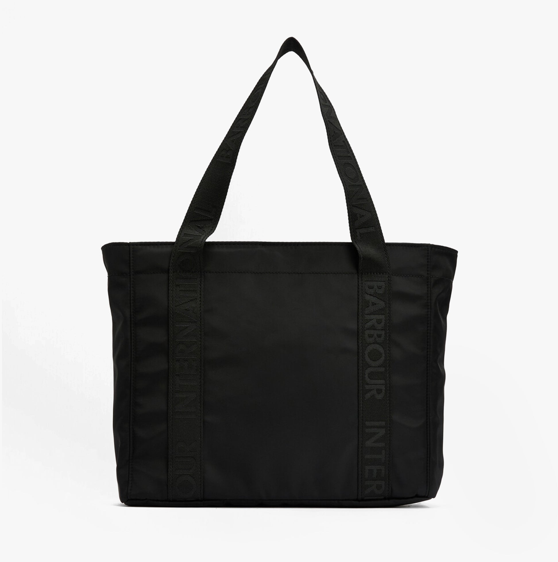Barbour B.INTL QUALIFY Womens Tote Bag Black front view with webbing handles and zipped closure.