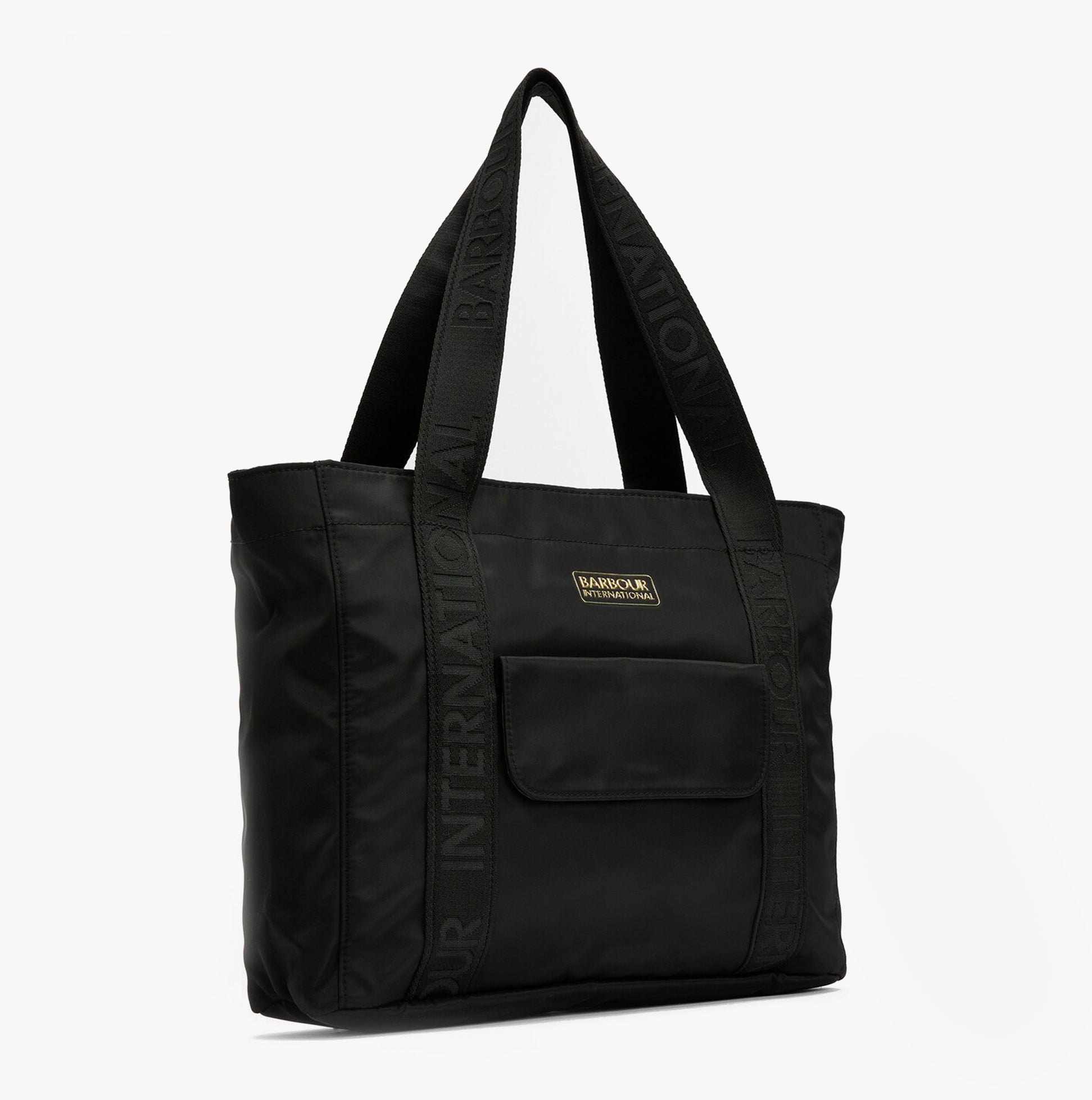 Barbour B.INTL QUALIFY Womens Tote Bag Black side view with outer front pocket and webbing handles.