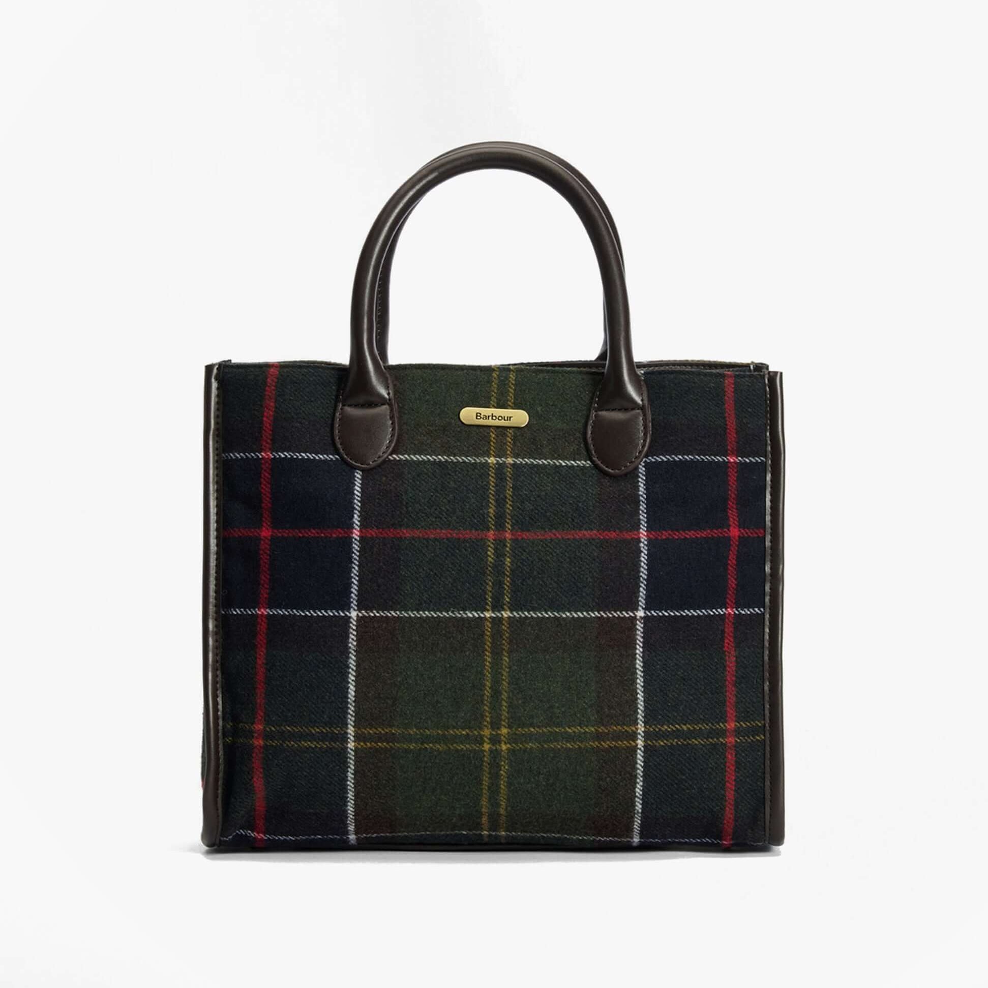 Barbour BARRHILL TARTAN Womens Tote Bag Classic Tartan front view with leather trim and plaid design.