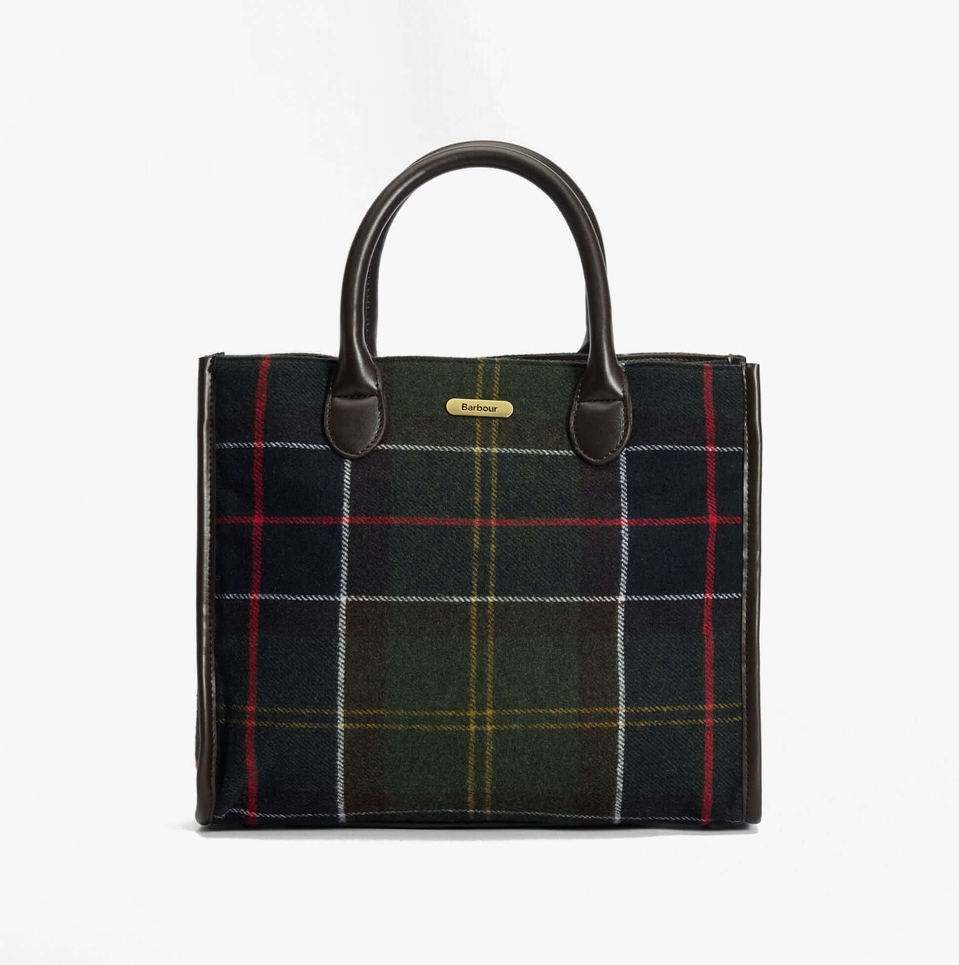 Barbour BARRHILL TARTAN Womens Tote Bag Classic Tartan front view with leather trim and plaid design.