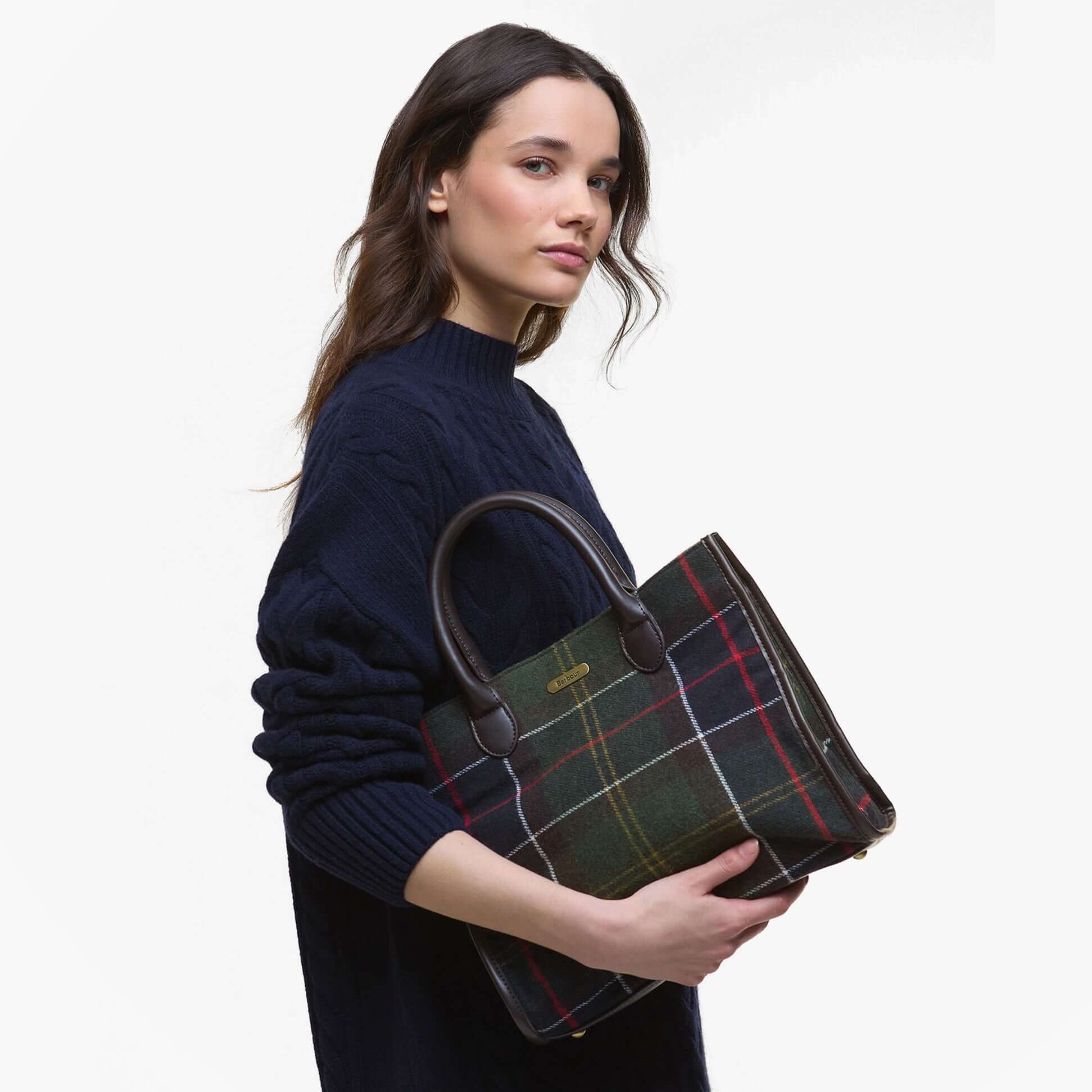 Barbour BARRHILL TARTAN Womens Tote Bag Classic Tartan front view model holding tote bag