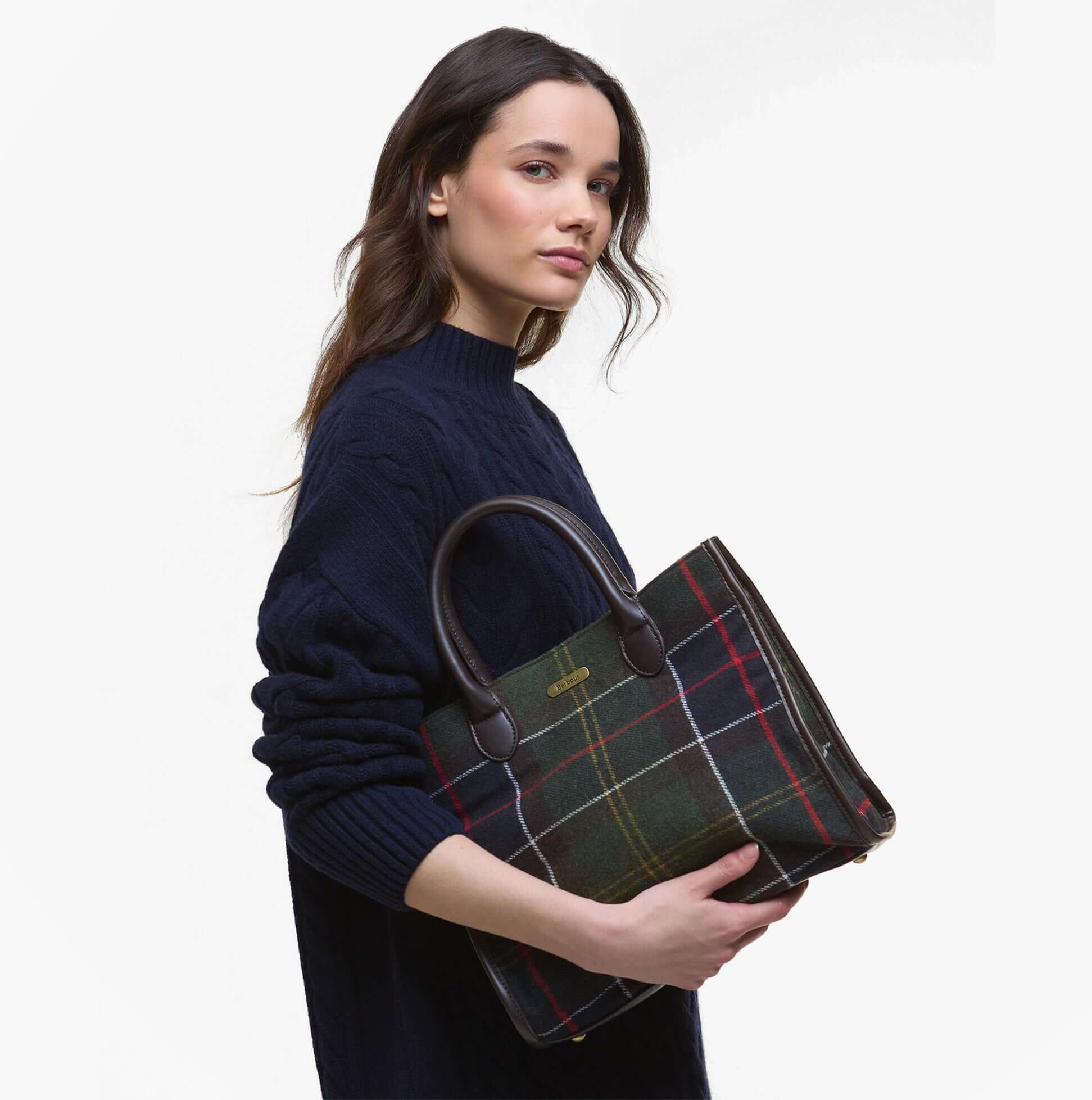 Barbour BARRHILL TARTAN Womens Tote Bag Classic Tartan front view model holding tote bag