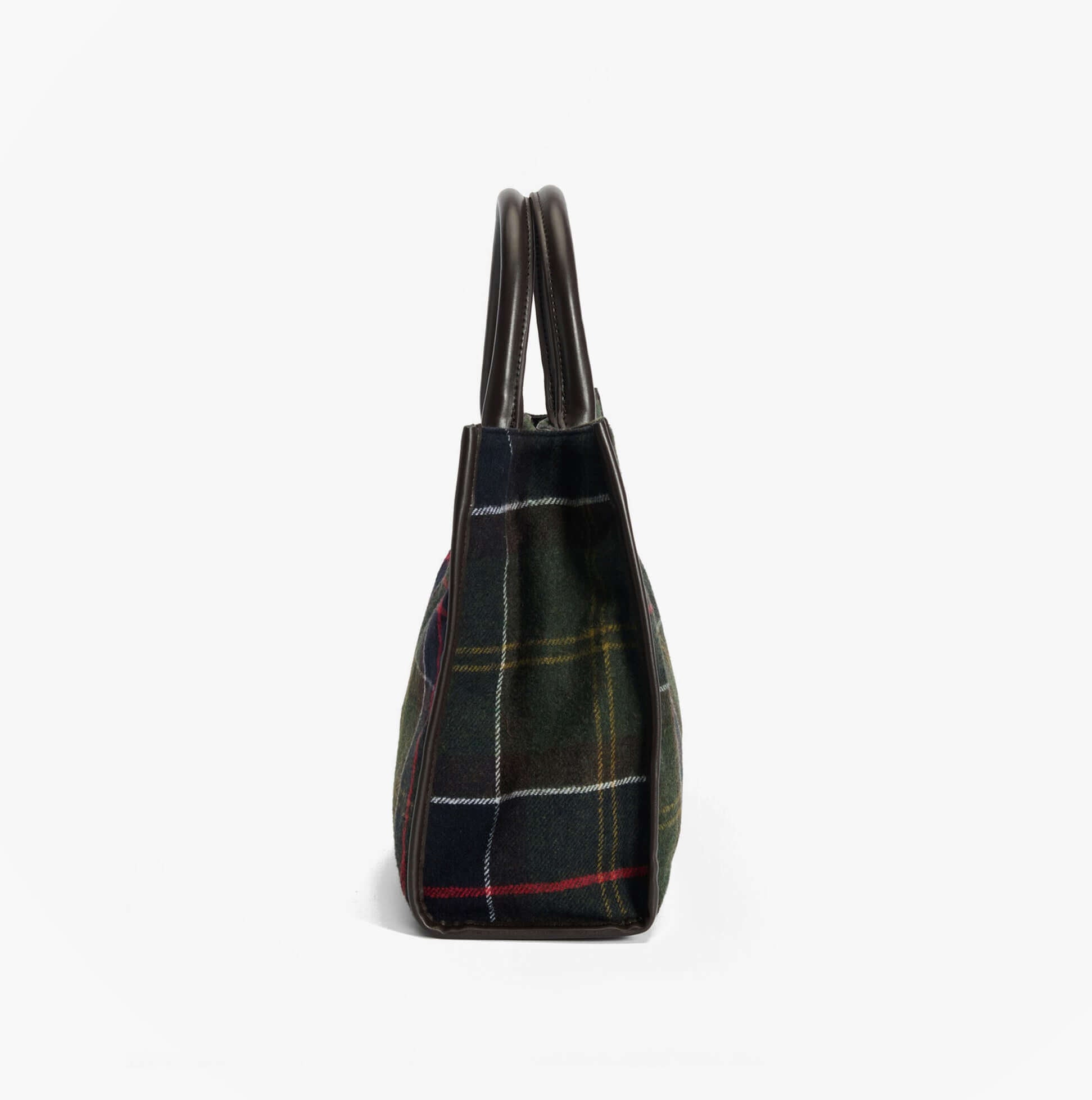 Barbour BARRHILL TARTAN Womens Tote Bag Classic Tartan side view showcasing tartan pattern and leather straps.