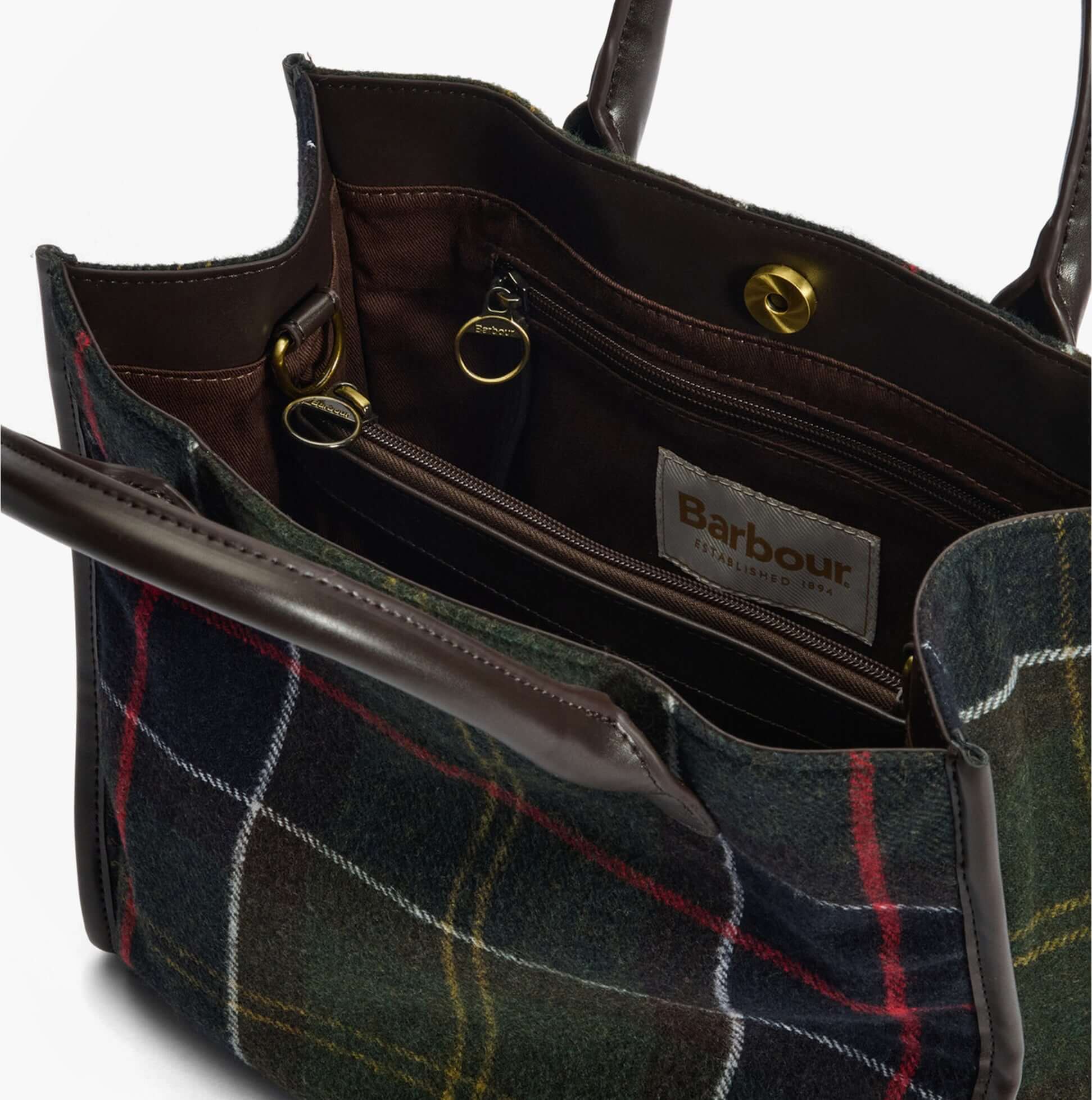 Barbour BARRHILL TARTAN Womens Tote Bag Classic Tartan interior view showing zip pocket and lining details.