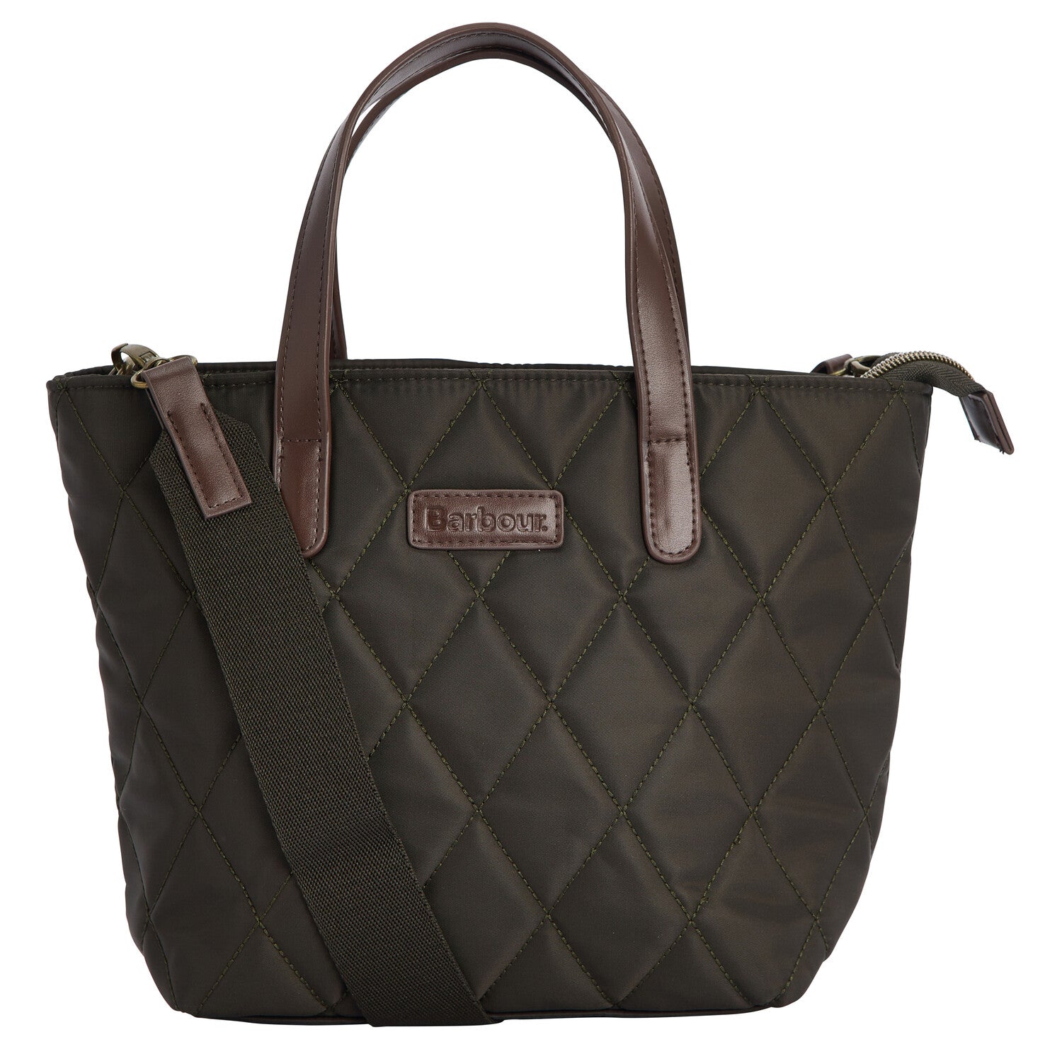 Barbour QUILTED MINI Womens Tote Bag Olive front view with leather-look handles and embossed logo