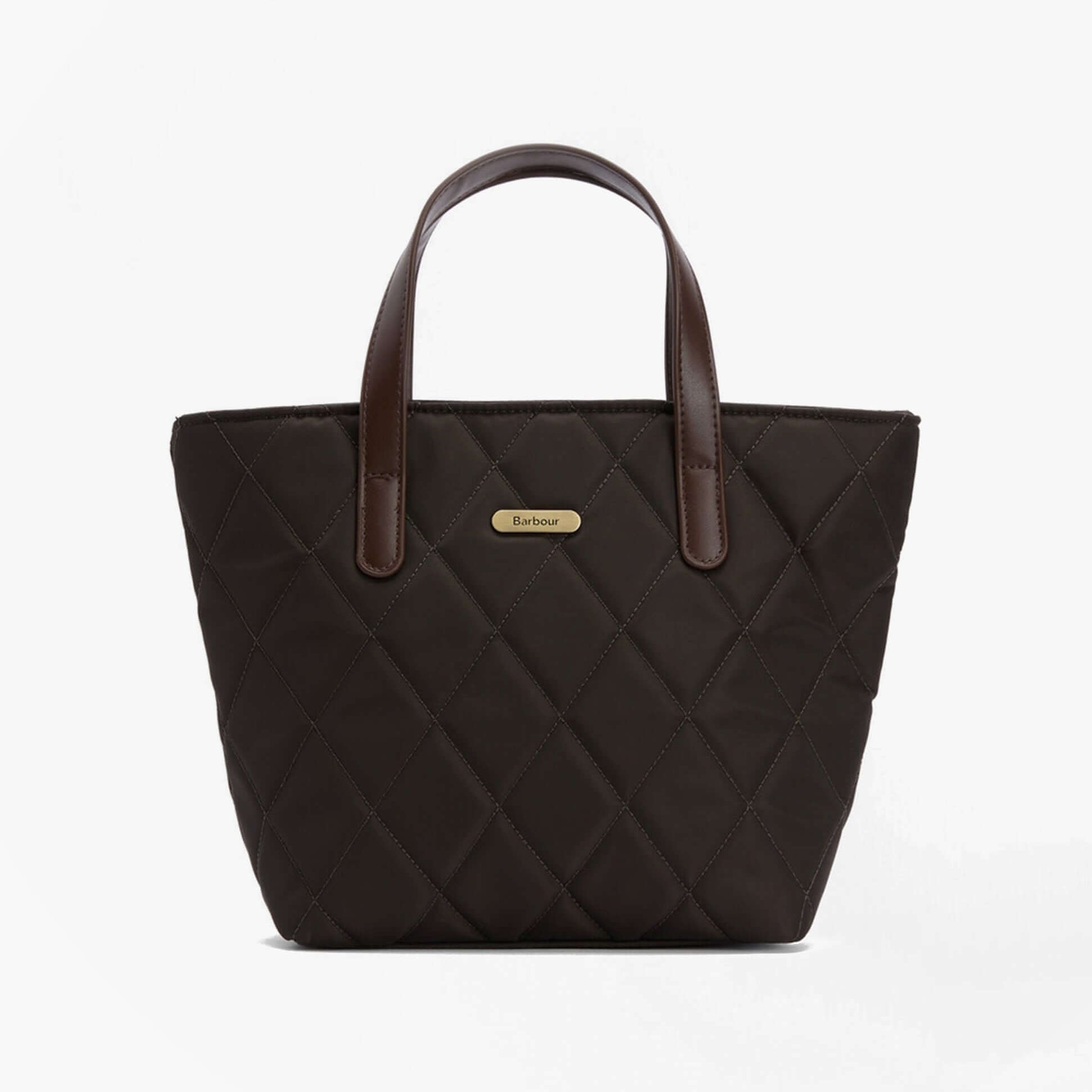 Barbour MINI QUILTED Womens Tote Bag Olive front view showing zip closure and brown handles.