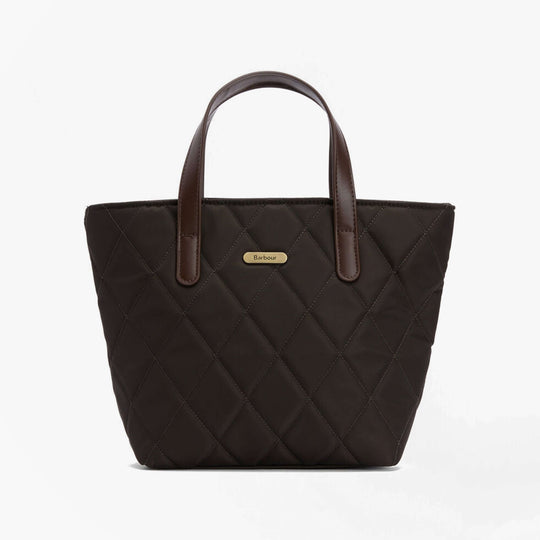 Barbour MINI QUILTED Womens Tote Bag Olive front view showing zip closure and brown handles.