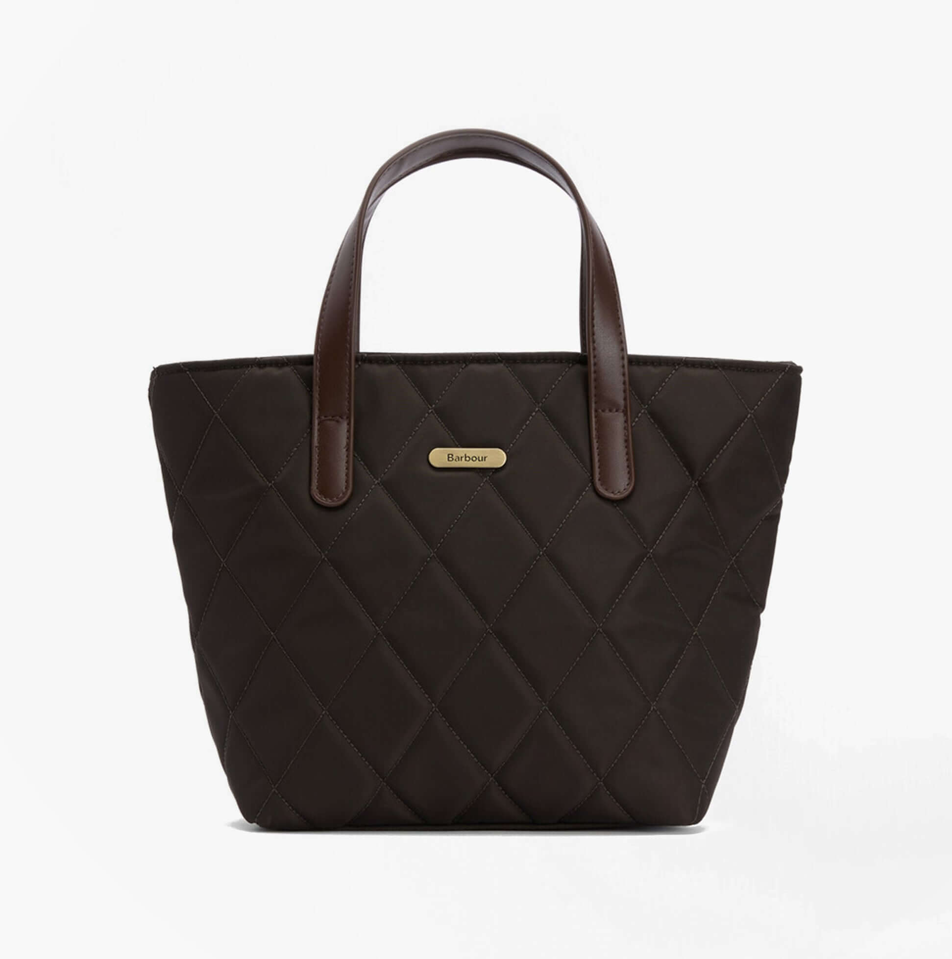 Barbour MINI QUILTED Womens Tote Bag Olive front view showing zip closure and brown handles.