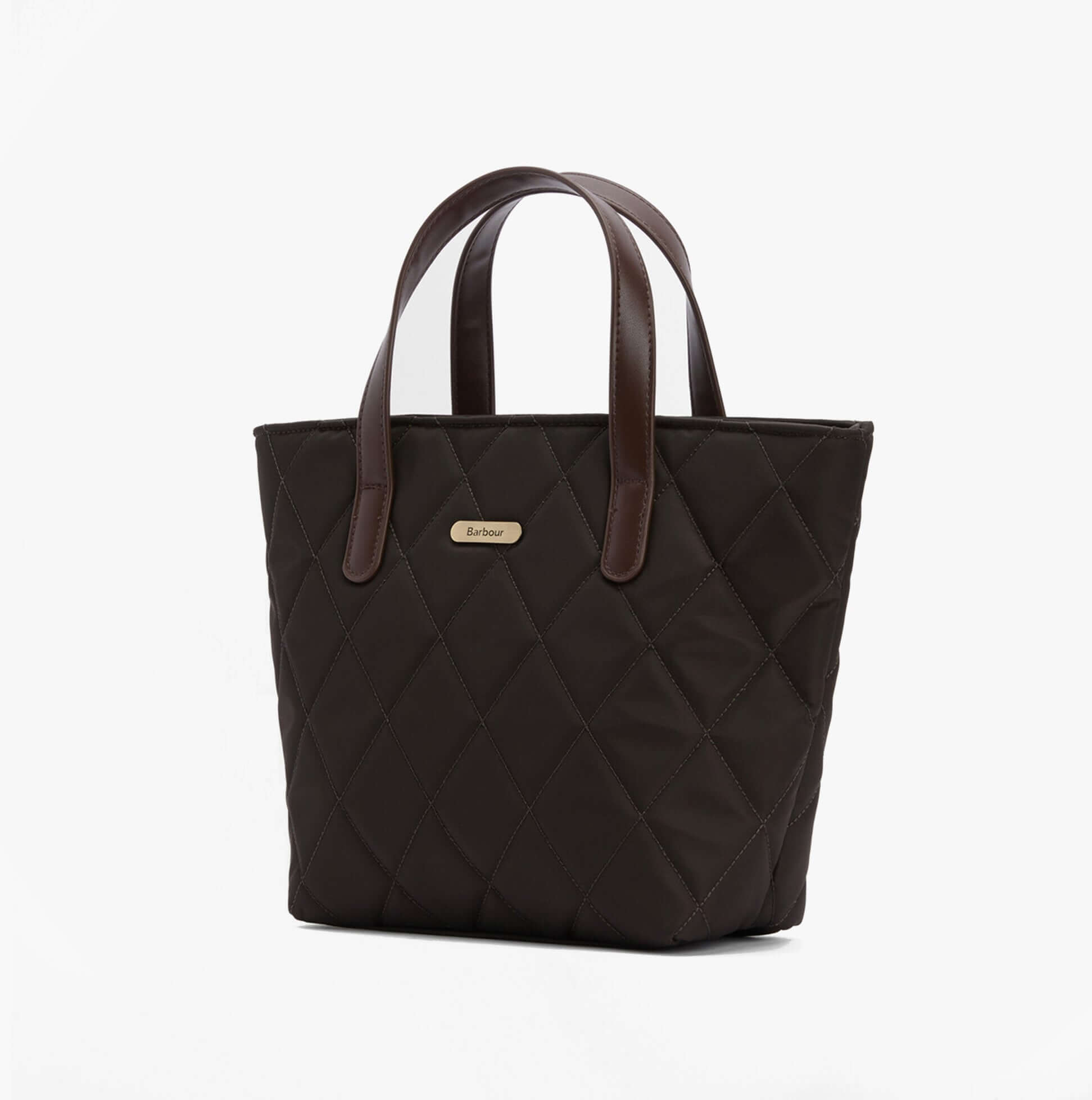 Barbour MINI QUILTED Womens Tote Bag Olive side view with zip closure, featuring brown handles and quilted design.