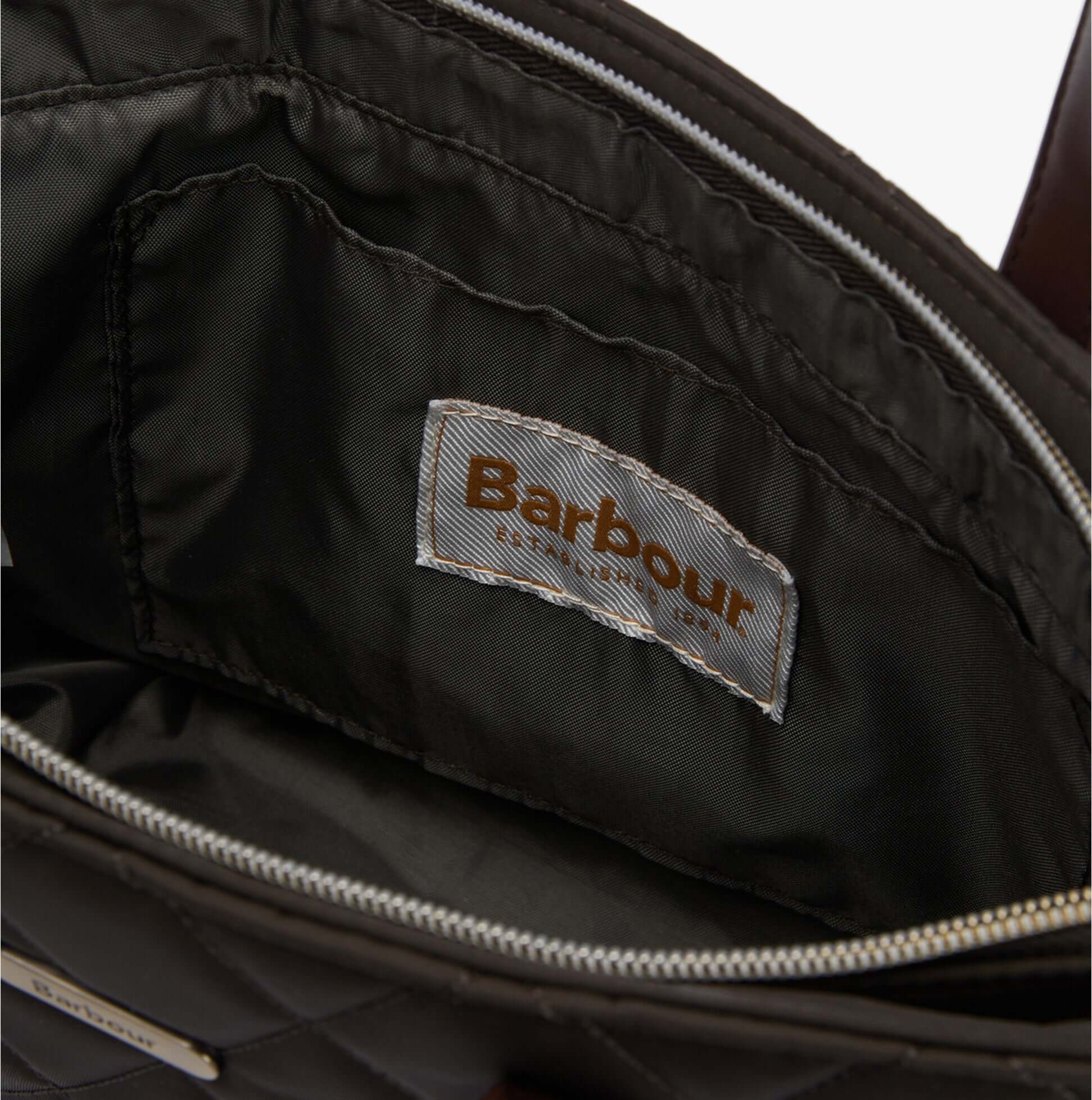 Barbour MINI QUILTED Womens Tote Bag Olive interior view showing zip closure and fabric lining with the Barbour logo.