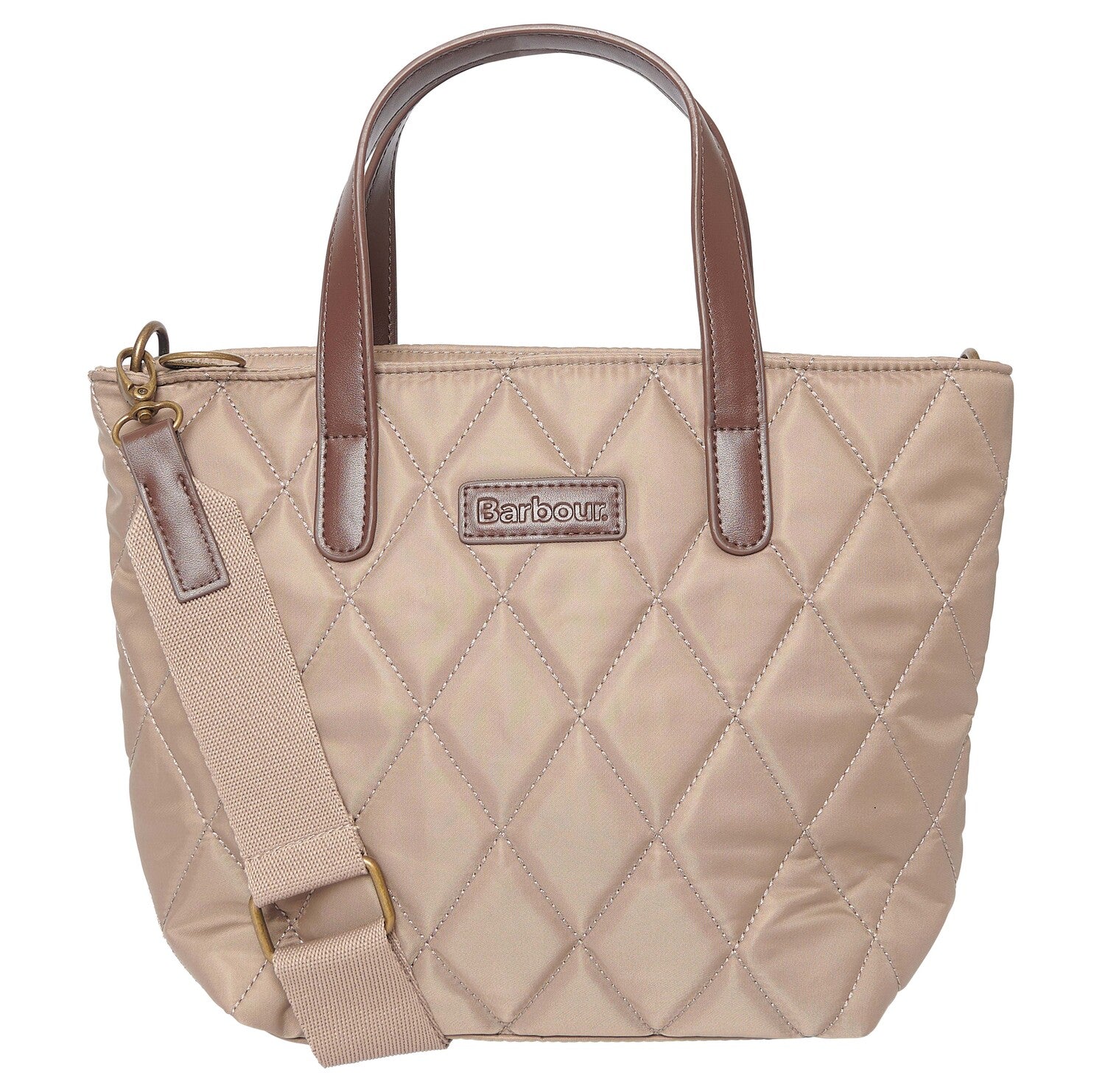 Barbour QUILTED MINI Womens Tote Bag Sand Dune front view with leather-look handles and embossed logo.