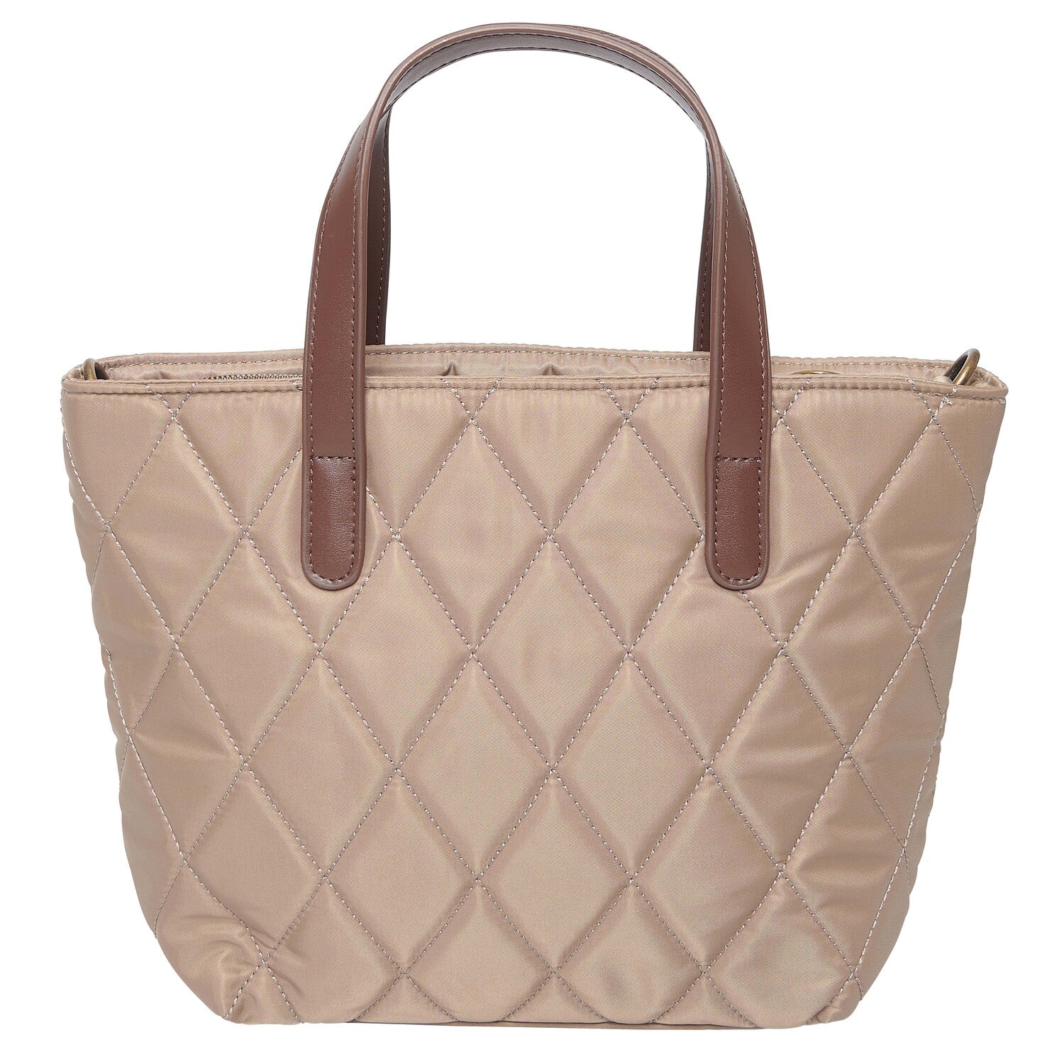 Barbour QUILTED MINI Womens Tote Bag Sand Dune front view with brown leather-look handles and quilted design.