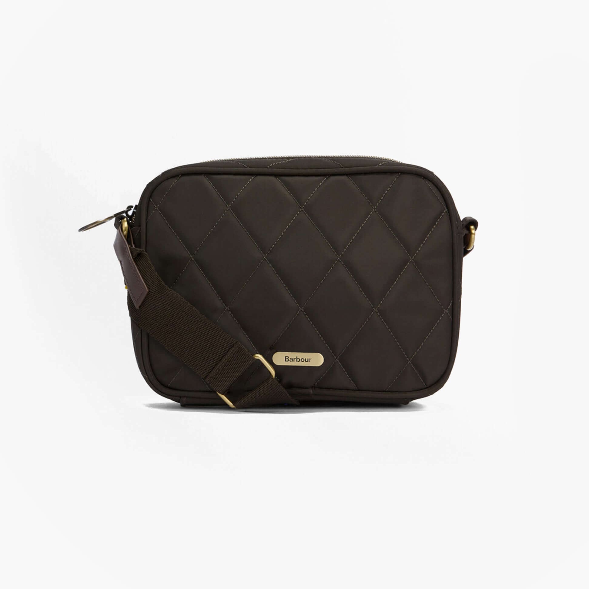 Barbour QUILTED Crossbody Bag Womens Olive front view with zip closure and adjustable strap.