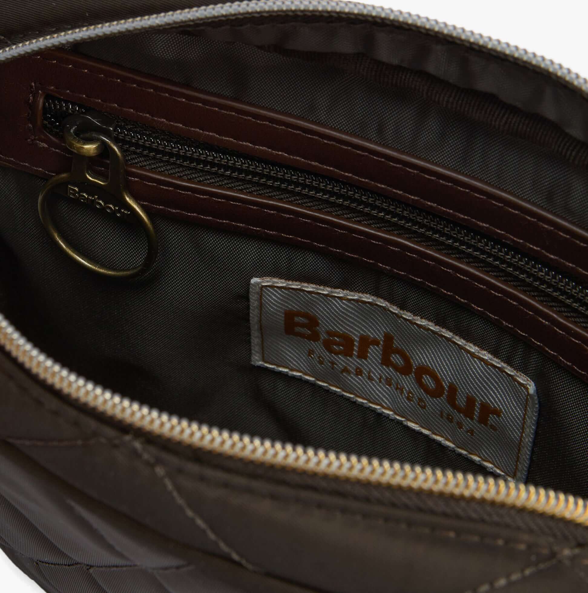 Barbour QUILTED Crossbody Bag Womens Olive interior detail view with zip and logo
