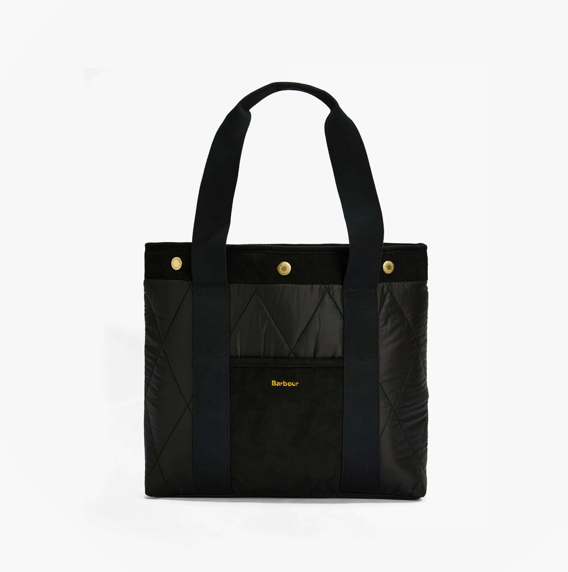 Barbour HEALY Tote Bag Womens Tote Bag Black/Ancient front view showcasing quilted design and embroidered logo.
