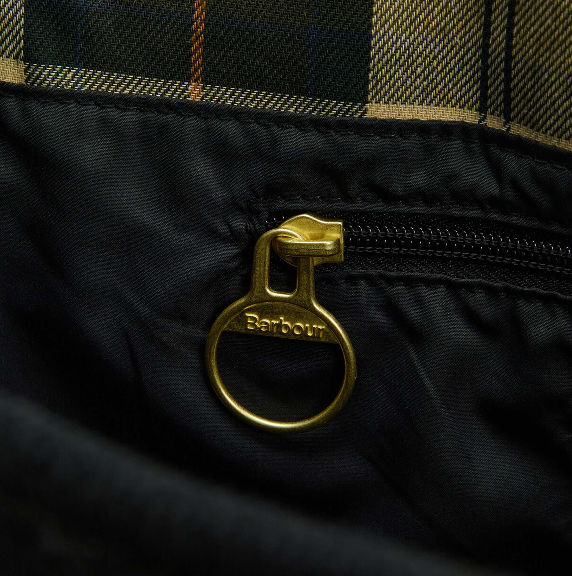 Barbour HEALY Tote Bag Womens Tote Bag Black/Ancient detail view of zipper pull with embossed logo.