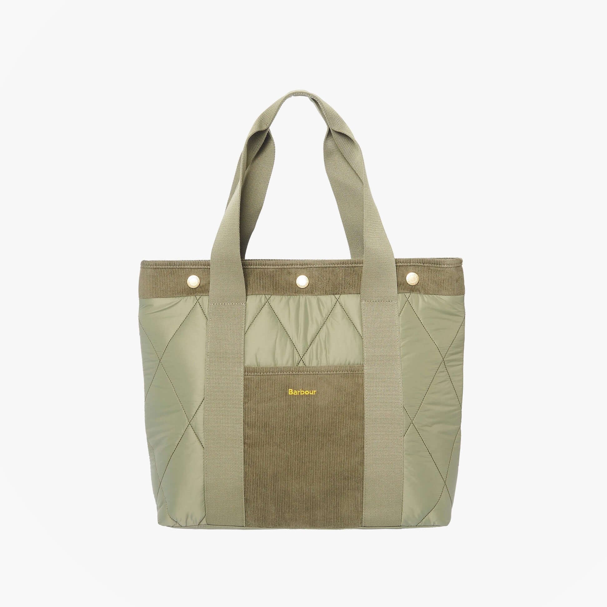 Barbour HEALY Tote Bag Womens Tote Bag Olive front view showing quilted design and embroidered logo.