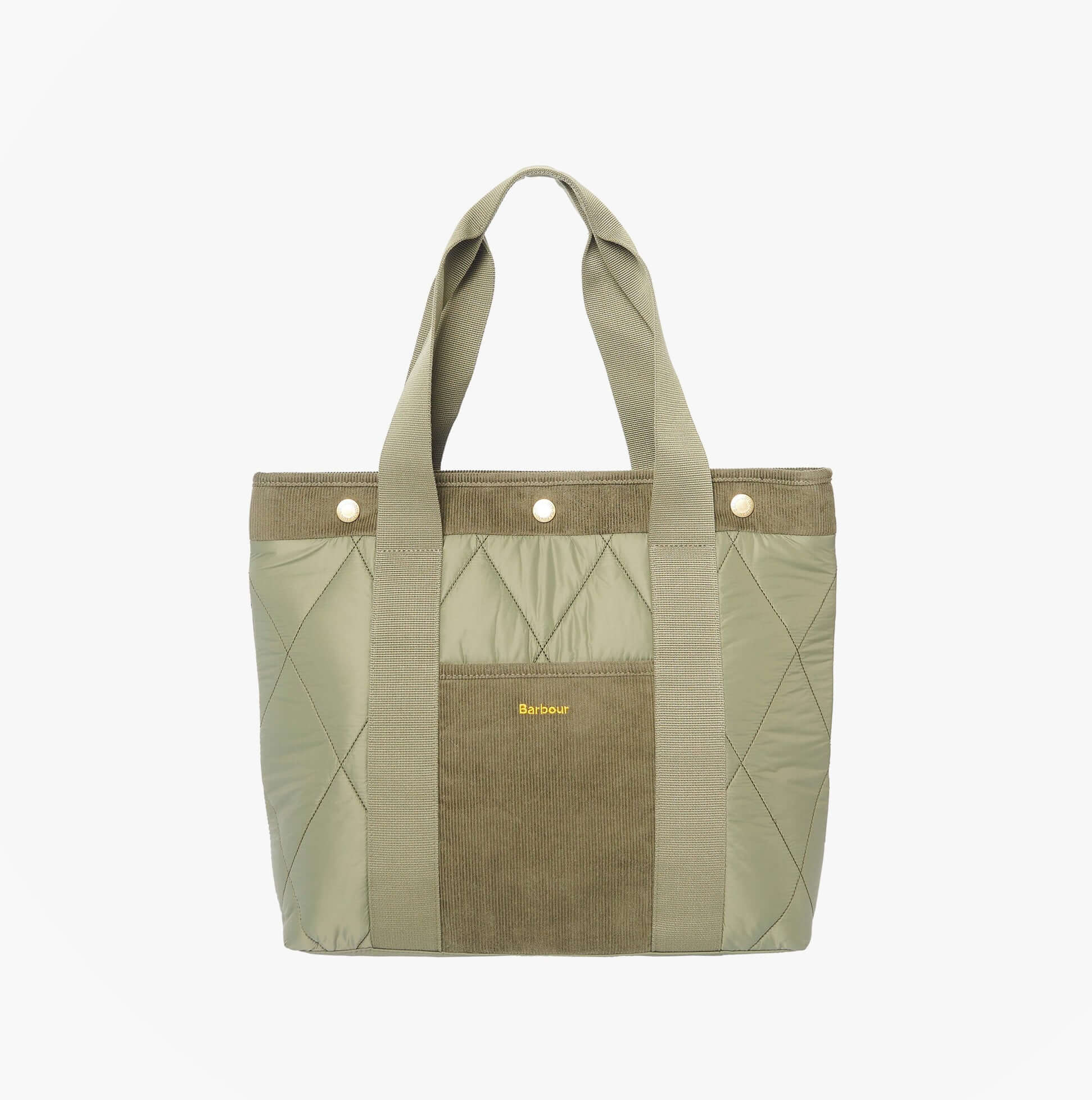 Barbour HEALY Tote Bag Womens Tote Bag Olive front view showing quilted design and embroidered logo.