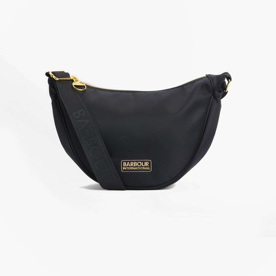 Barbour QUALIFY Womens Sling Bag Black side view with gold hardware and adjustable strap.