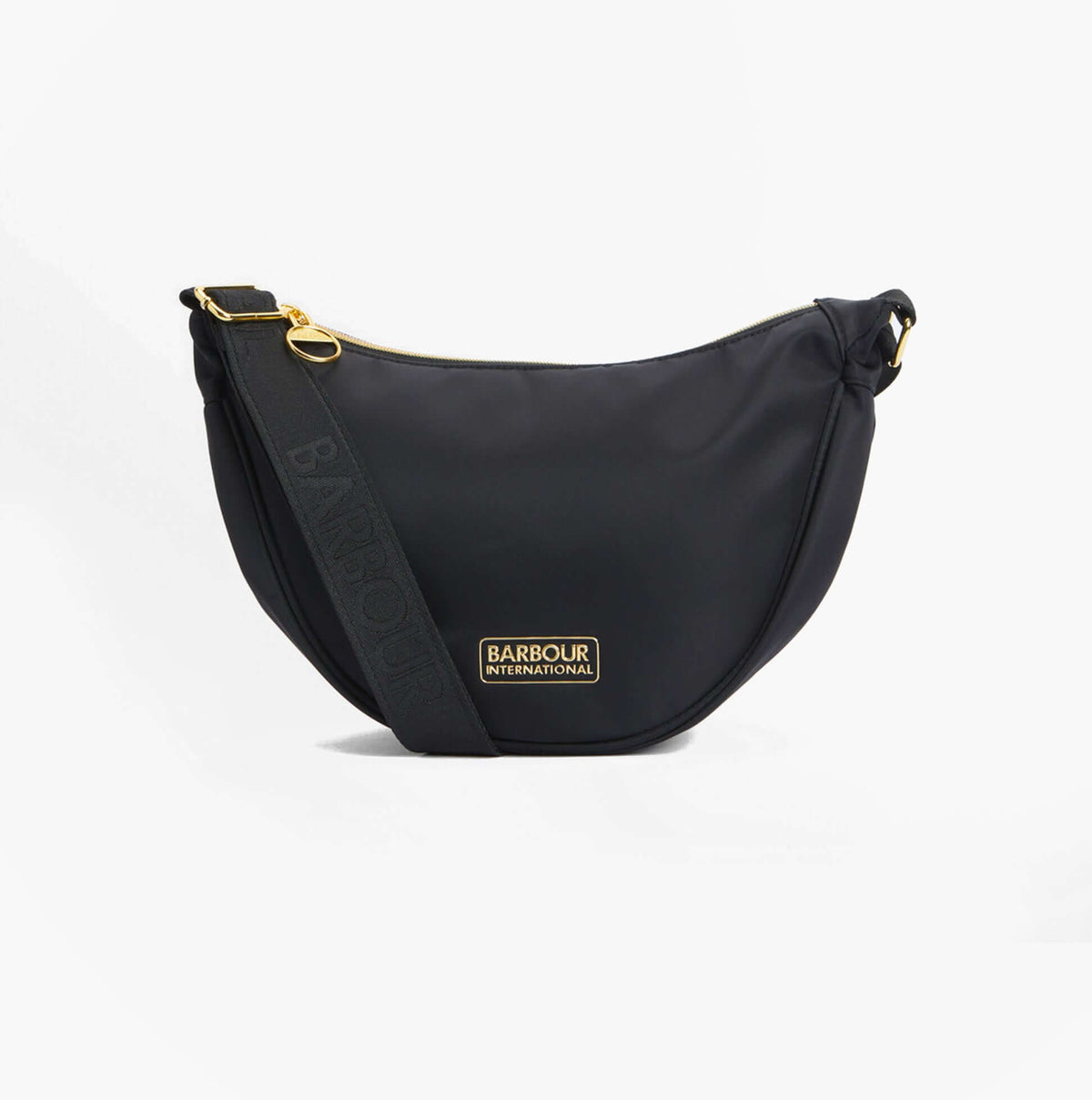 Barbour QUALIFY Womens Sling Bag Black side view with gold hardware and adjustable strap.