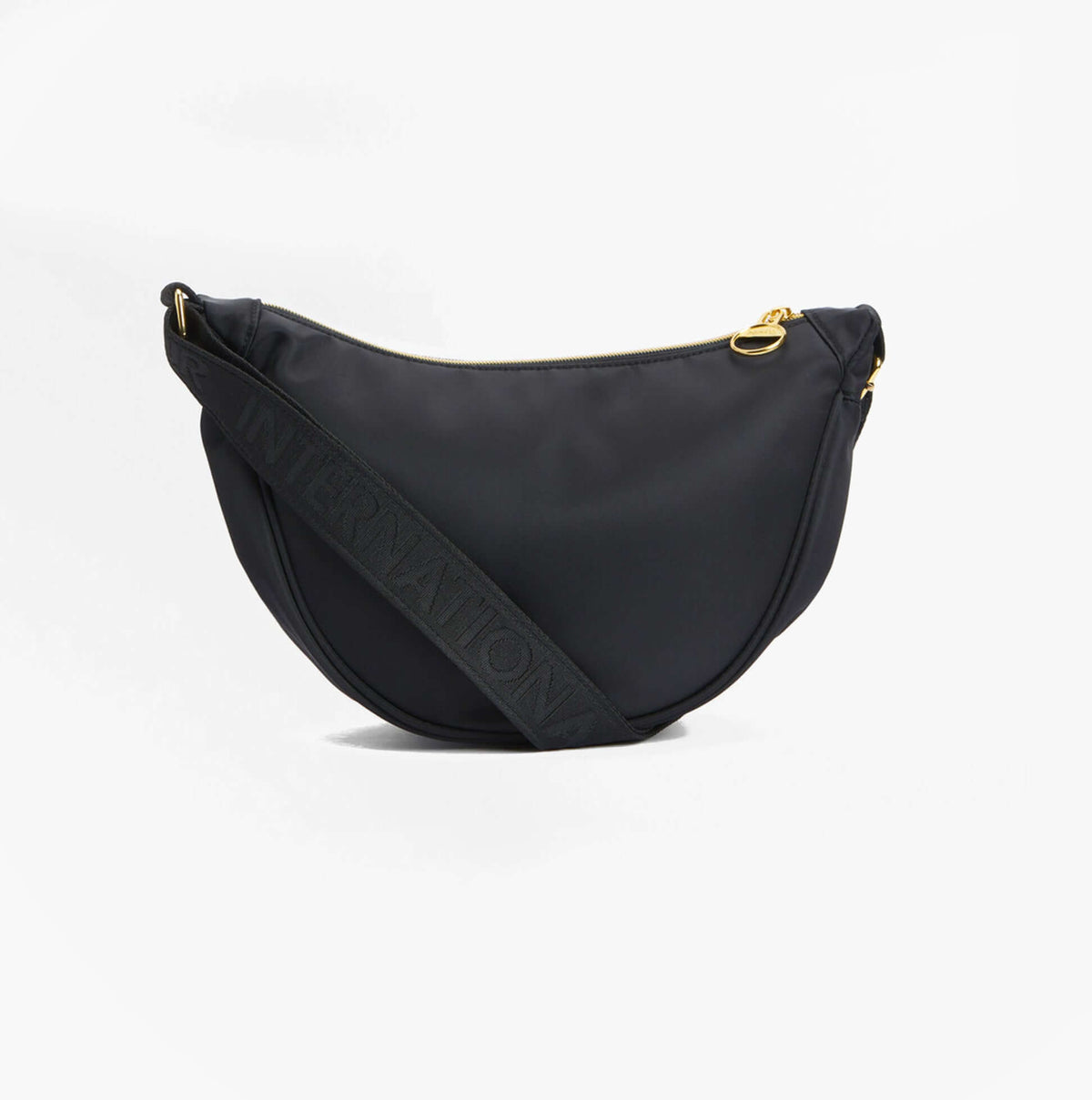 Barbour QUALIFY Womens Sling Bag Black side view with zip closure and adjustable strap.