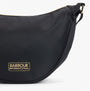 Barbour QUALIFY Womens Sling Bag Black side view with gold logo detail on black nylon material.