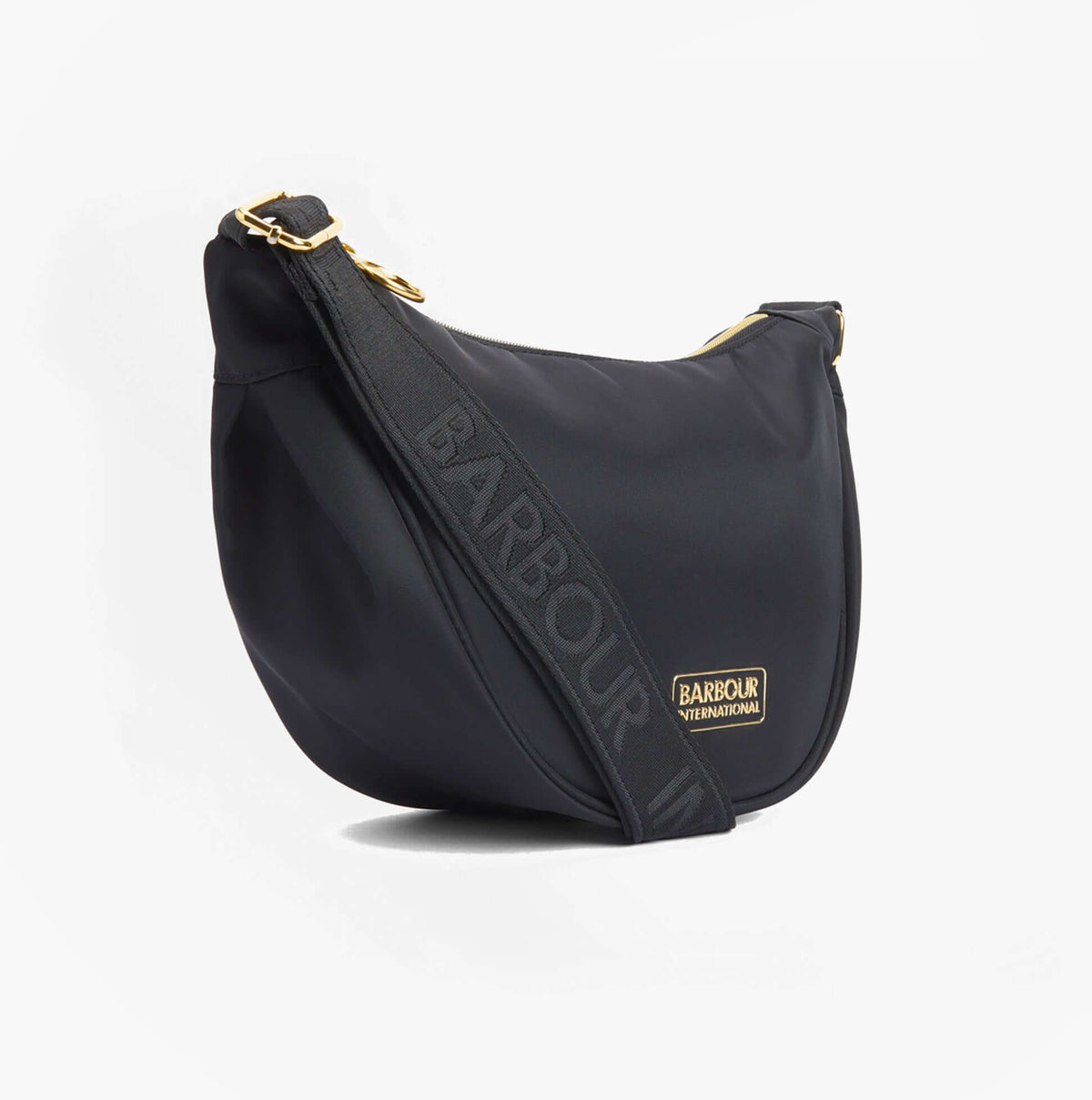 Barbour QUALIFY Womens Sling Bag Black side view with adjustable strap and zip closure.