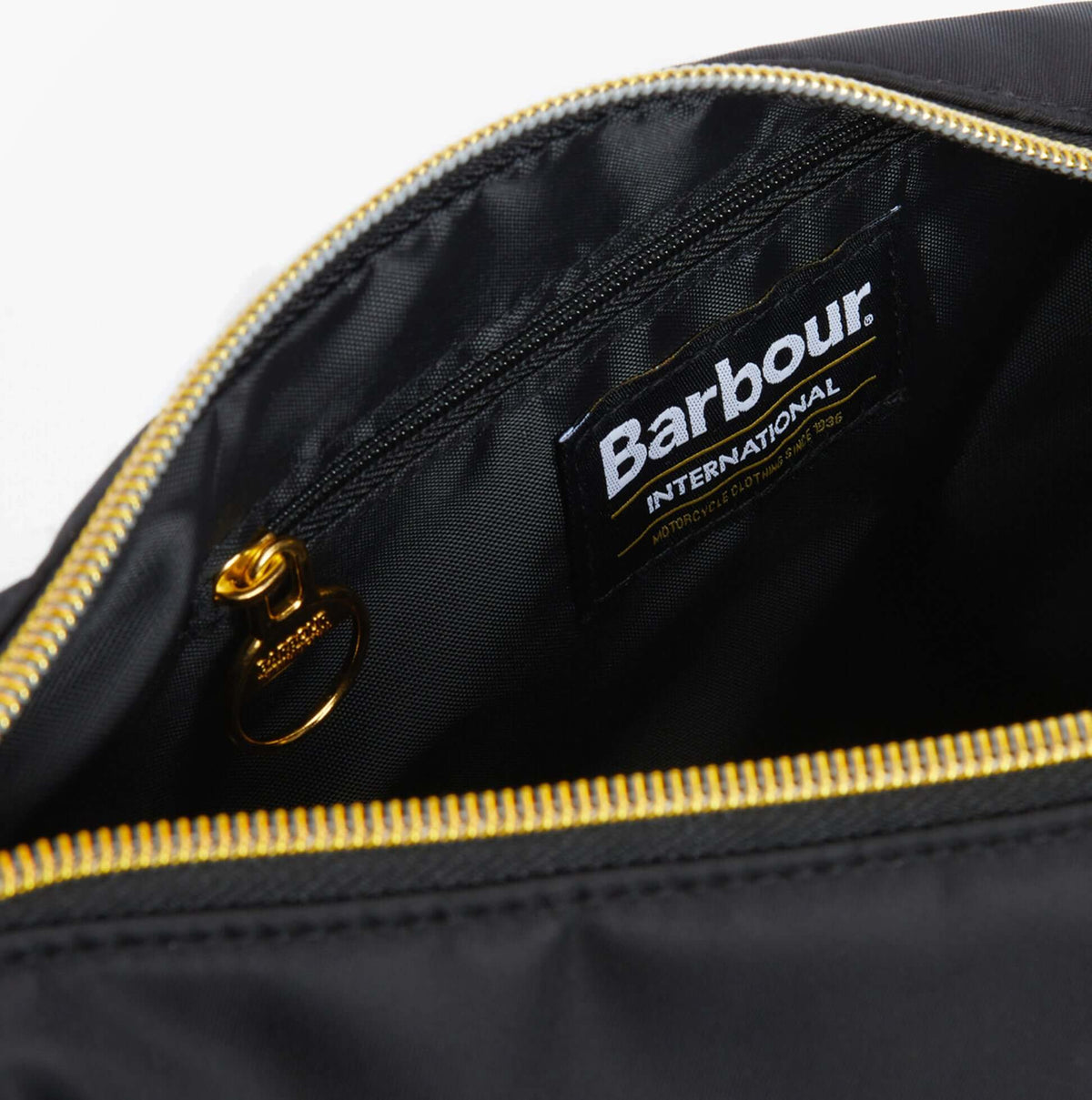 Barbour QUALIFY Womens Sling Bag Black interior with logo and zip detail view
