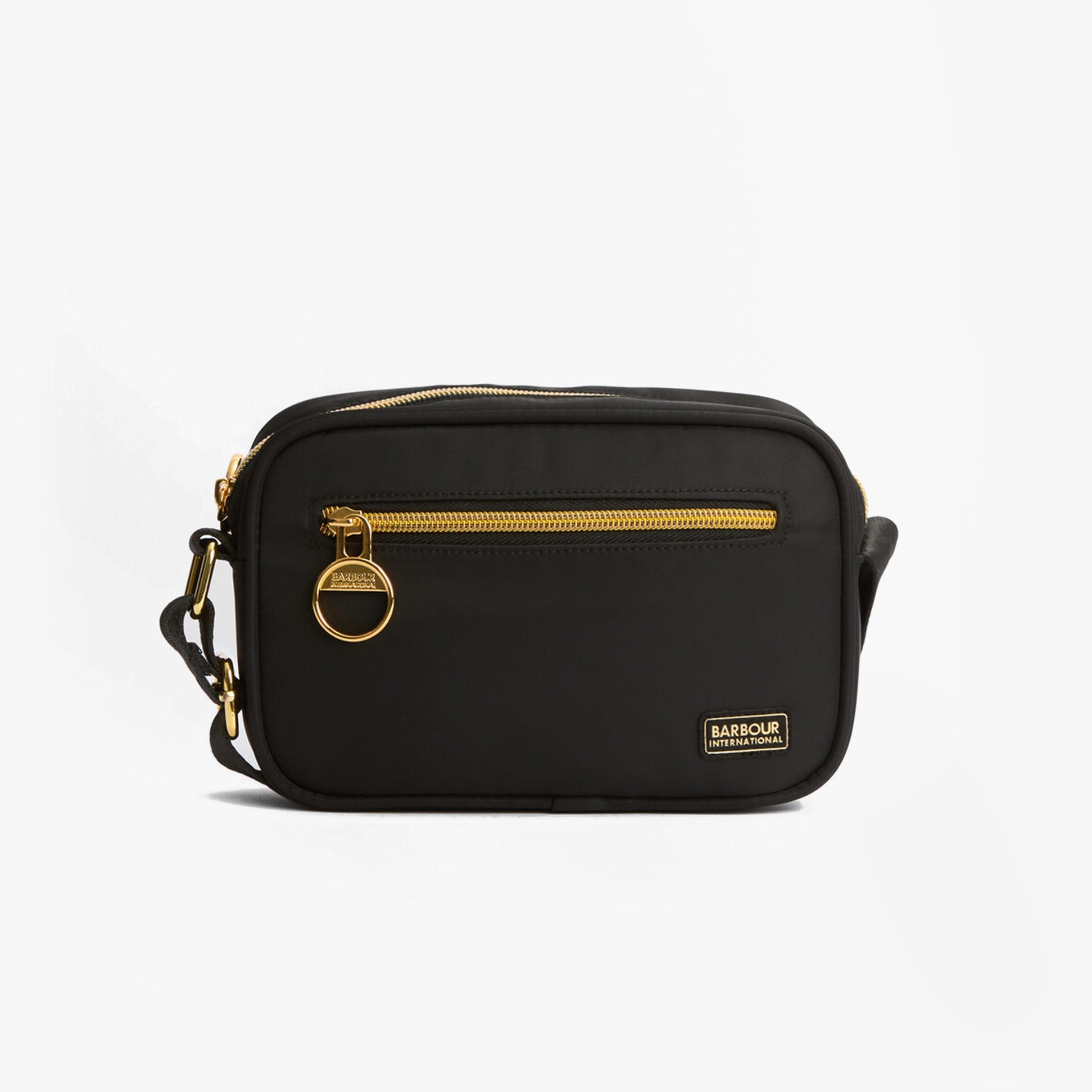 Barbour B.INTL MICRO QUALIFY Womens Crossbody Bag Black front view with gold zip and brand logo.