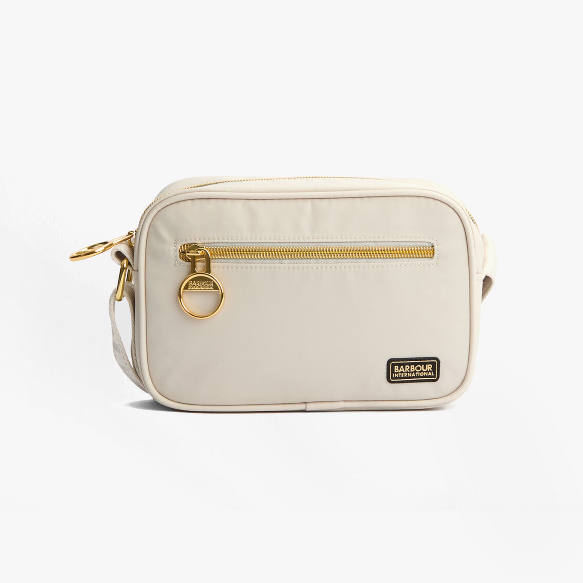Barbour B.INTL MICRO QUALIFY Womens Crossbody Bag Light Pearl front view with gold zipper and adjustable strap