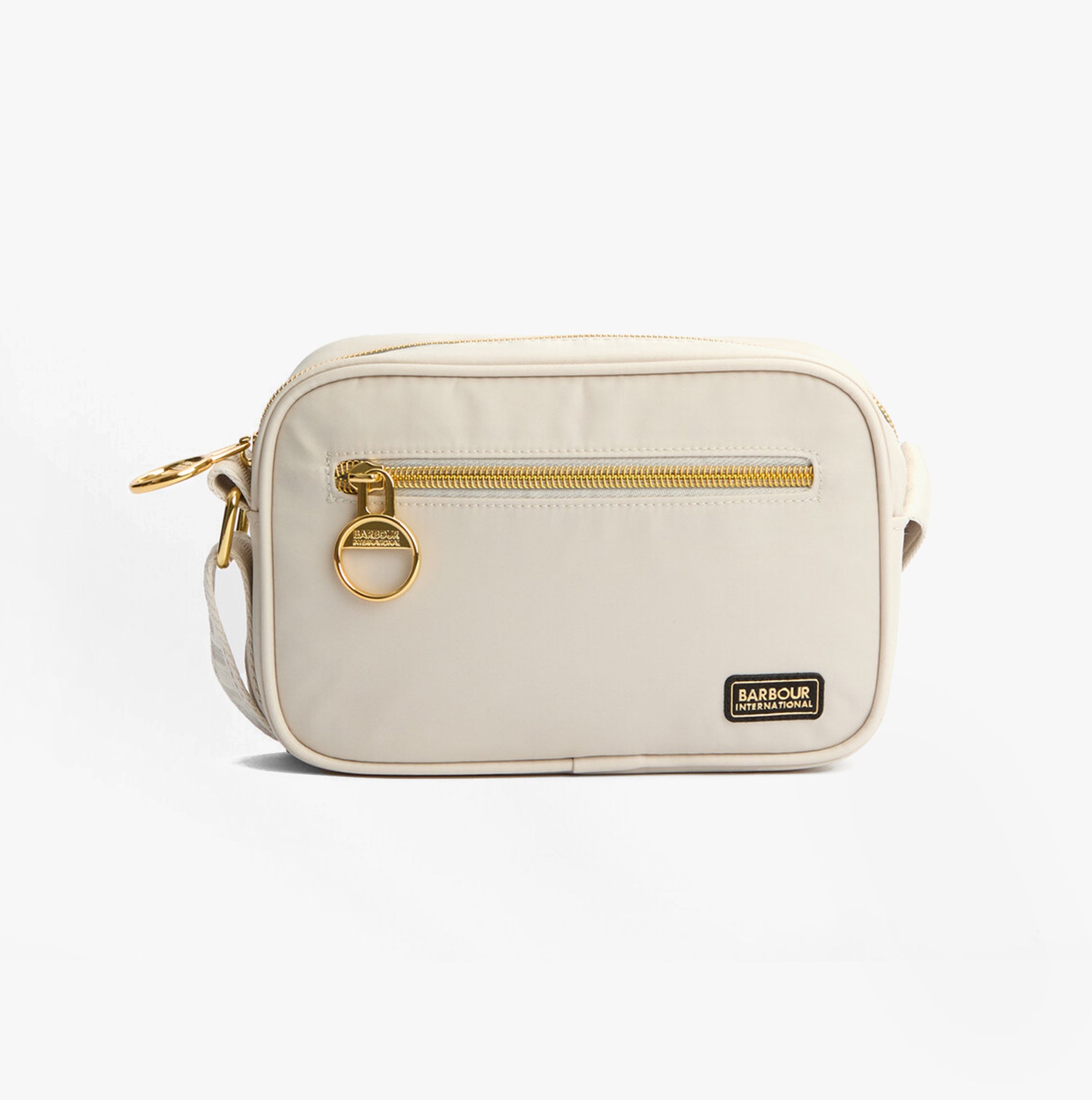 Barbour B.INTL MICRO QUALIFY Womens Crossbody Bag Light Pearl front view with gold zipper and adjustable strap