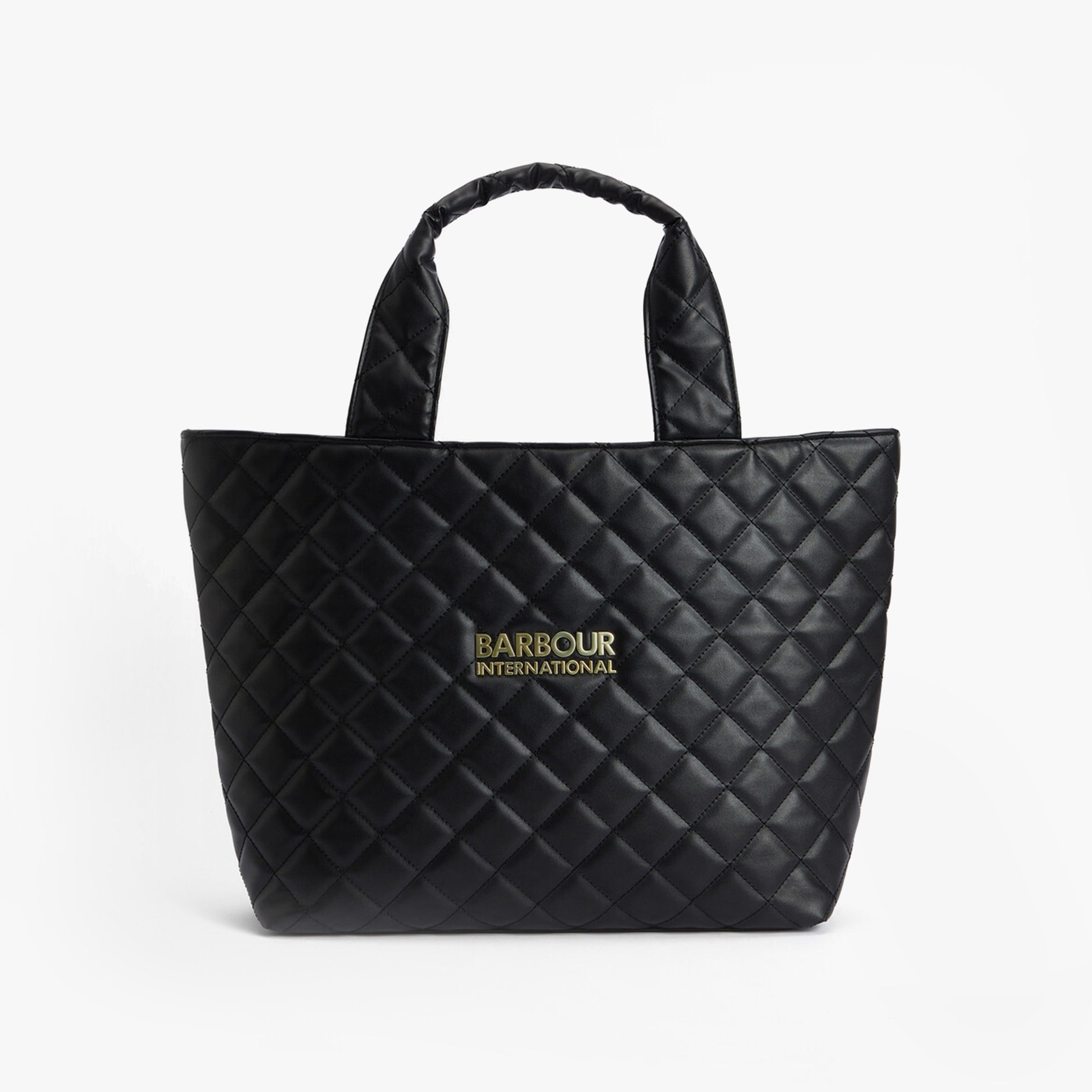 Barbour B.INTL BATTERSEA QUILTED Womens Mini Tote Bag Black front view with logo detail.