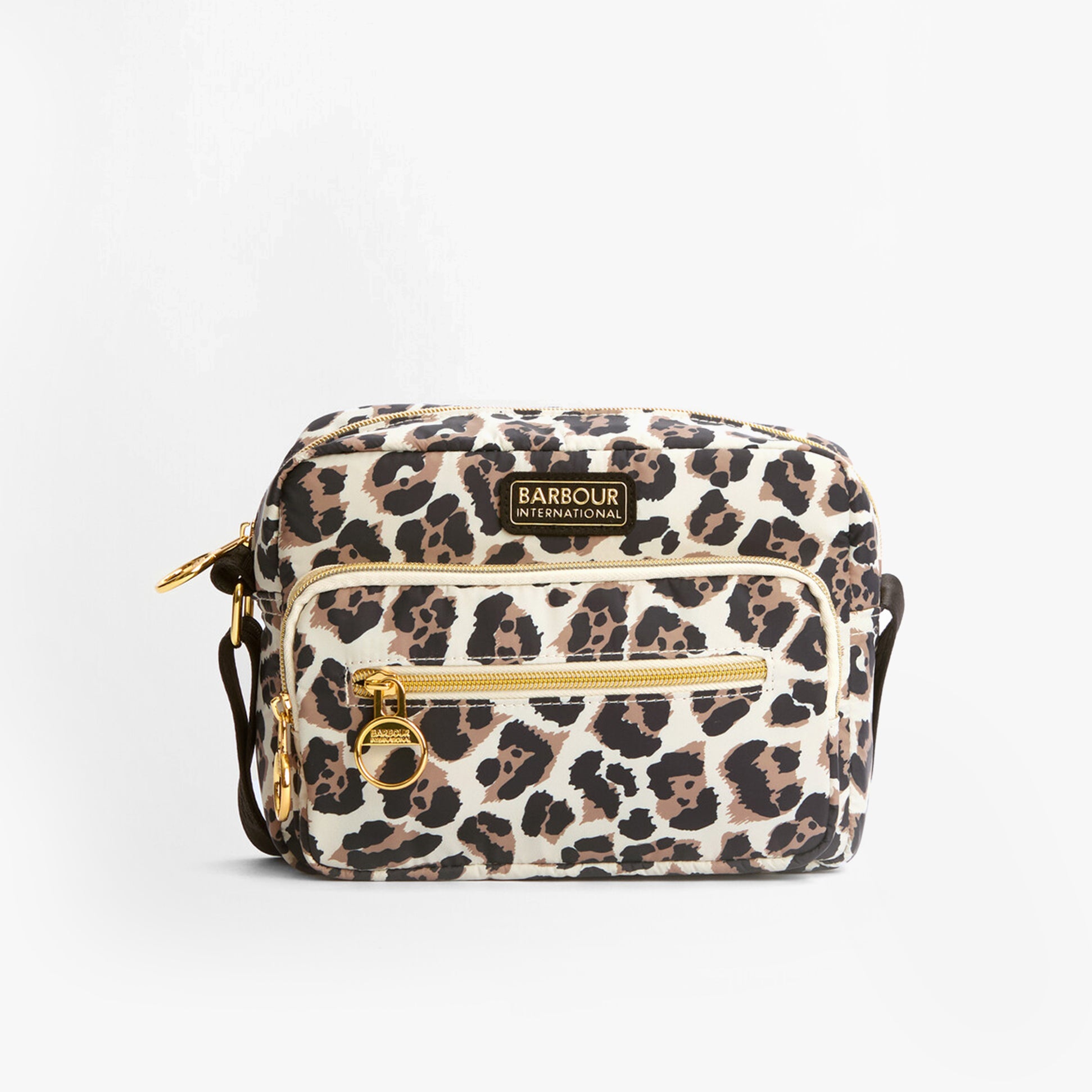 Barbour B.INTL BOULEVARD Womens Crossbody Bag Pearl Jaguar front view with zip closures and leopard spots design.