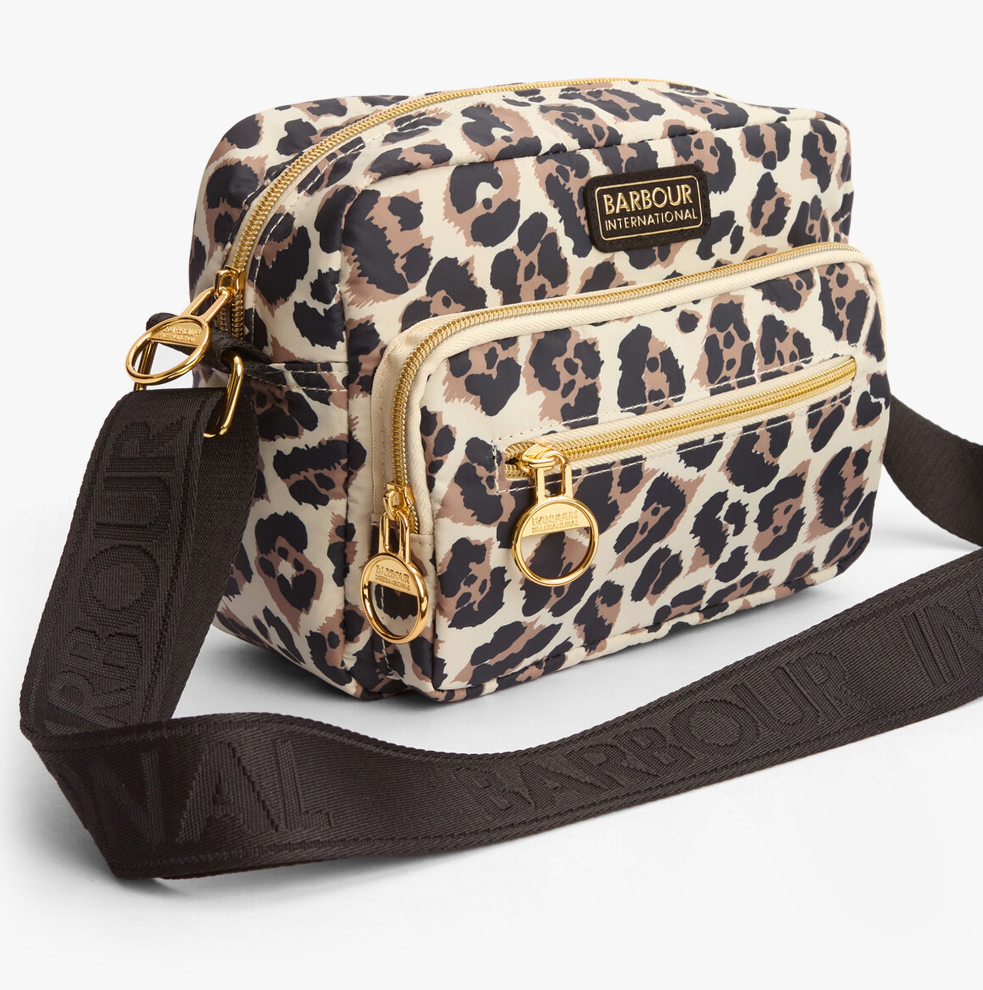 Barbour B.INTL BOULEVARD Womens Crossbody Bag Pearl Jaguar side view with leopard print, zipped closure and adjustable strap.