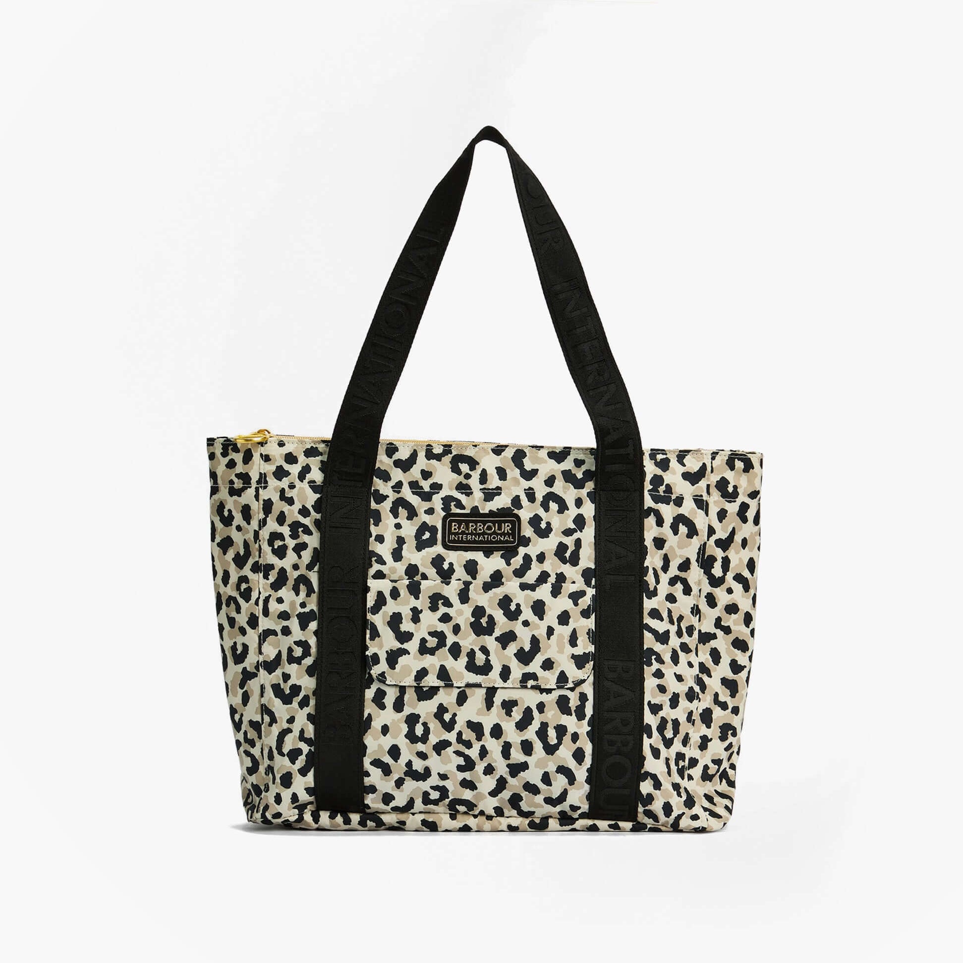 Barbour BOULEVARD Tote Bag Womens Jasmine Leopard front view, featuring leopard print and black straps.