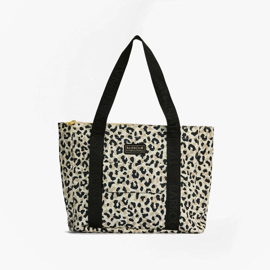 Barbour BOULEVARD Tote Bag Womens Jasmine Leopard front view, featuring leopard print and black straps.