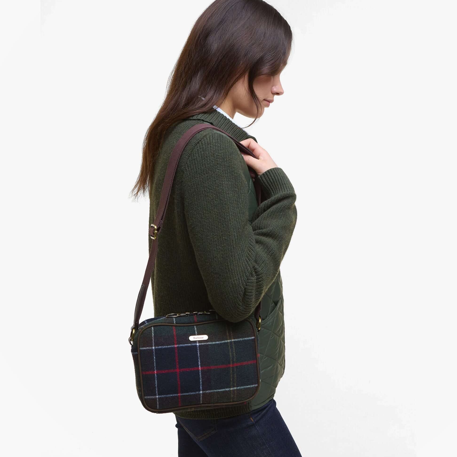 Barbour CULROSS Crossbody Bag Womens Classic Tartan side view worn by model in dark sweater