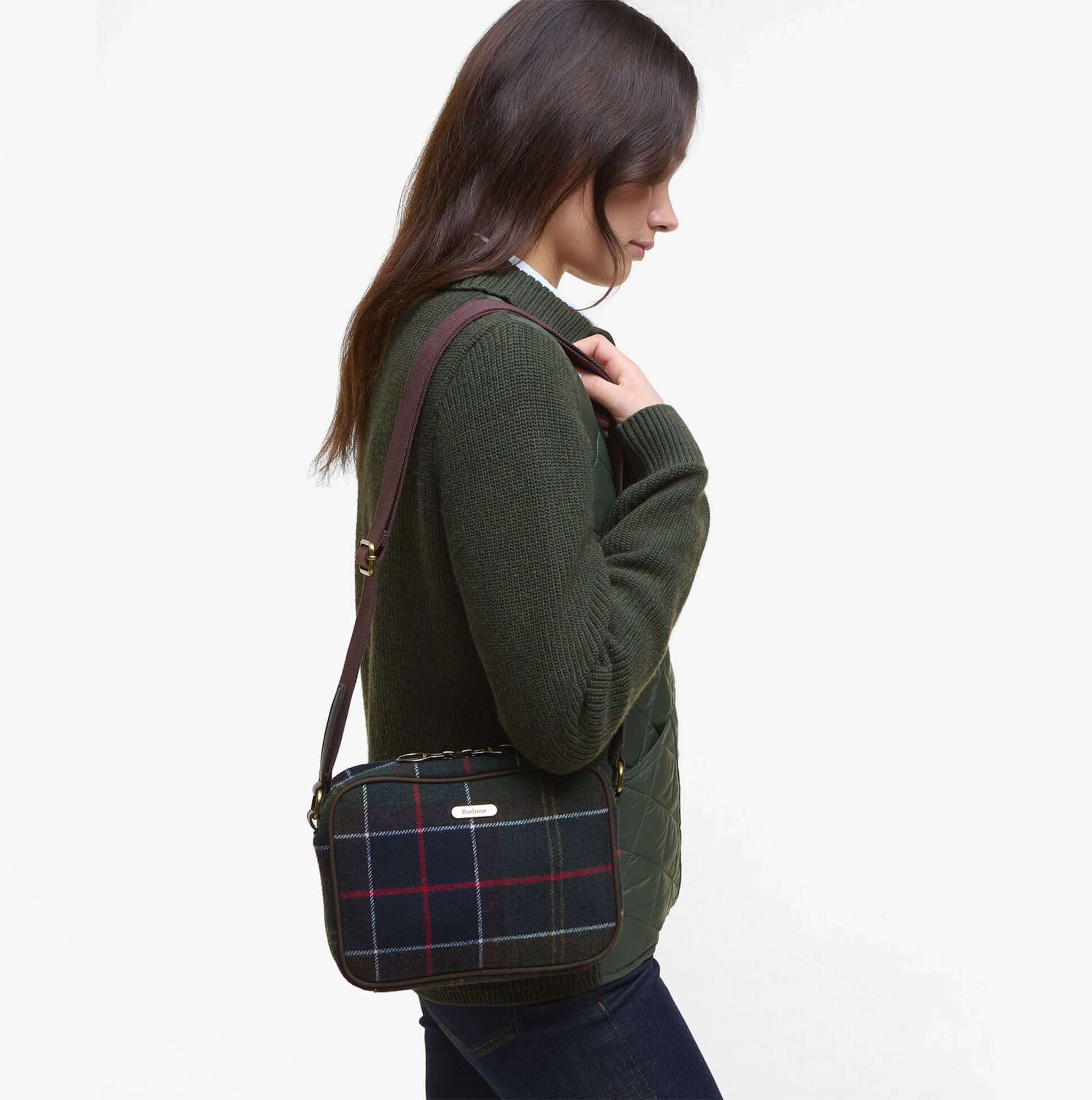 Barbour CULROSS Crossbody Bag Womens Classic Tartan side view worn by model in dark sweater
