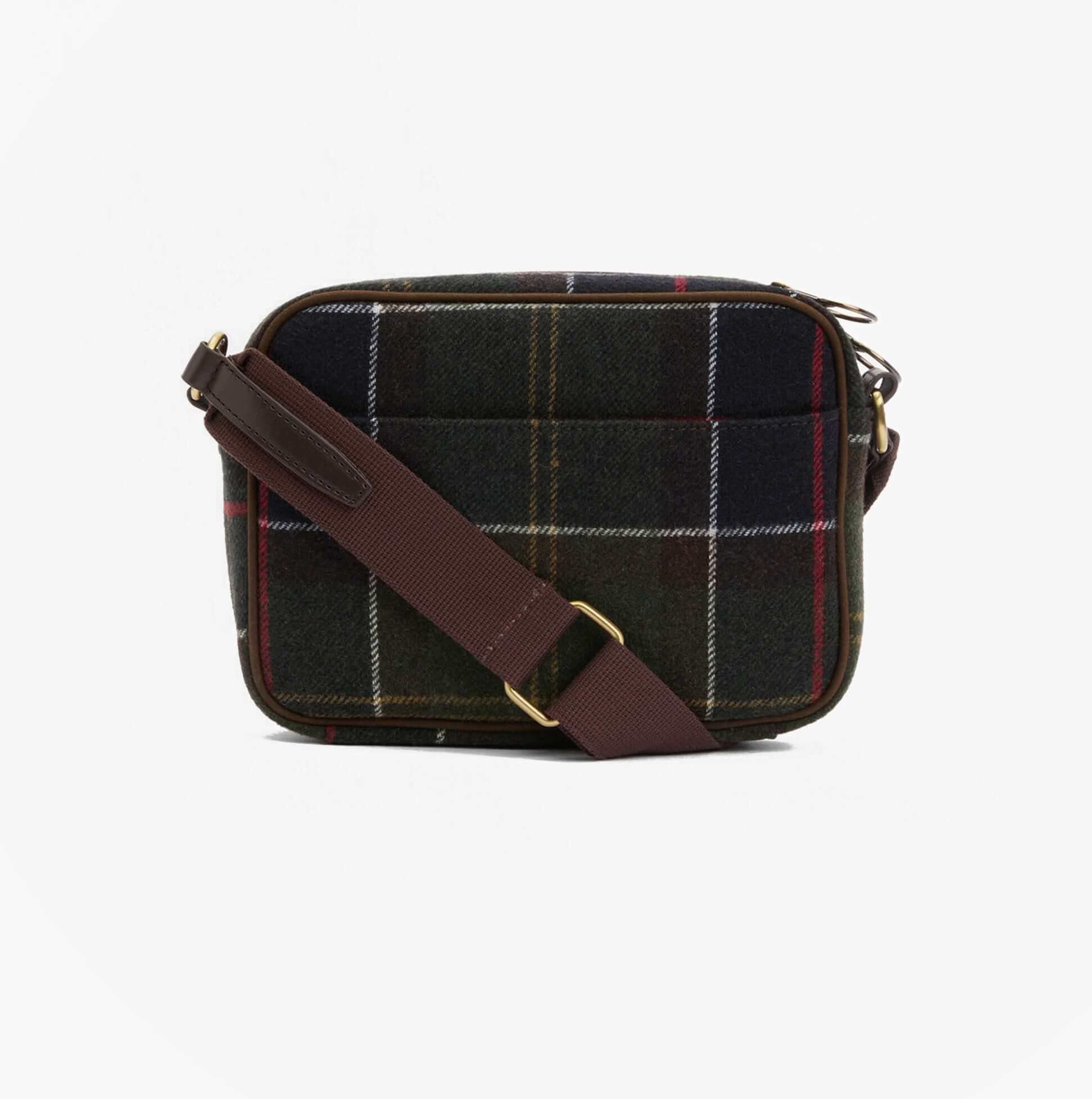 Barbour CULROSS Crossbody Bag Womens Classic Tartan side view, showing zip closure and adjustable strap.