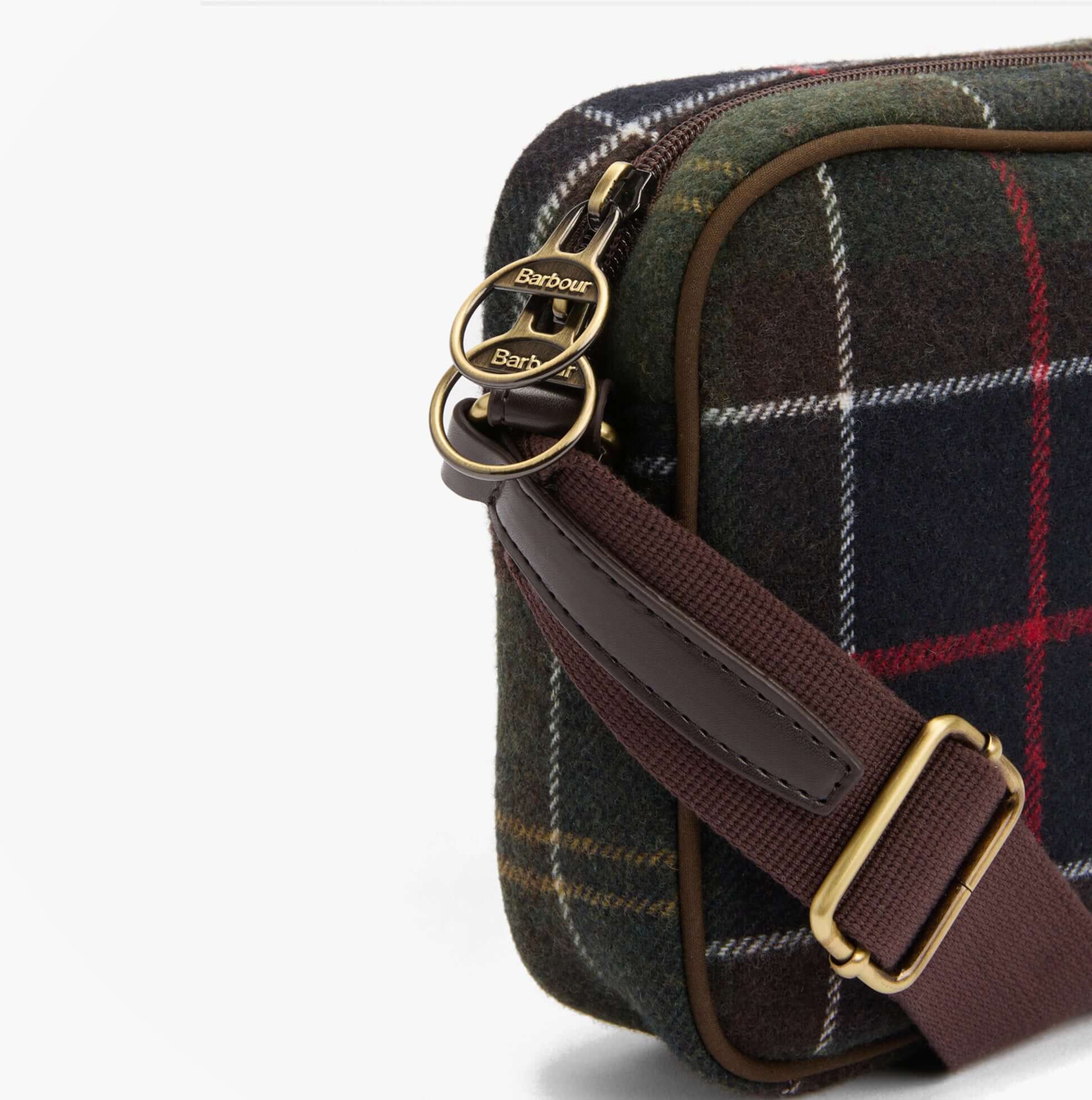 Barbour CULROSS Crossbody Bag Womens Classic Tartan side view showing strap and zipper detail.