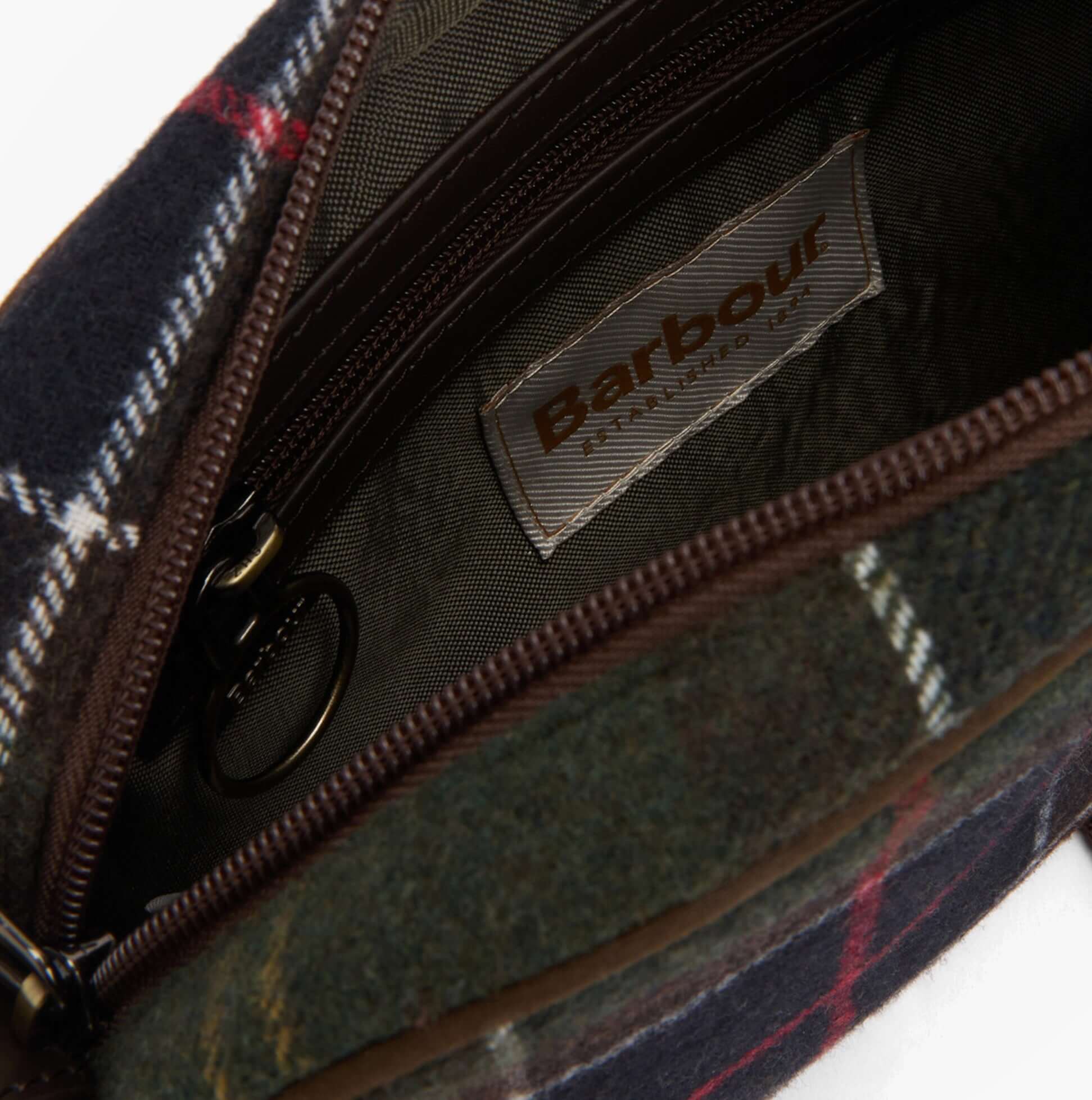 Barbour CULROSS Crossbody Bag Womens Classic Tartan interior detail view featuring zip closure and brand label.