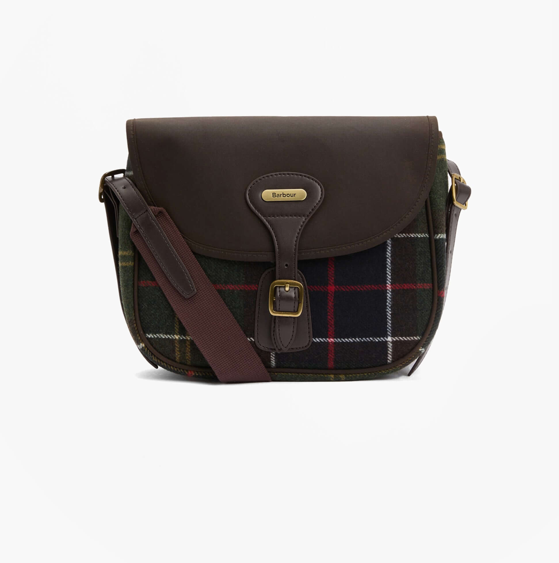 Barbour CROMARTY Crossbody Bag Womens Classic Tartan front view, showcasing classic tartan design with button closure.