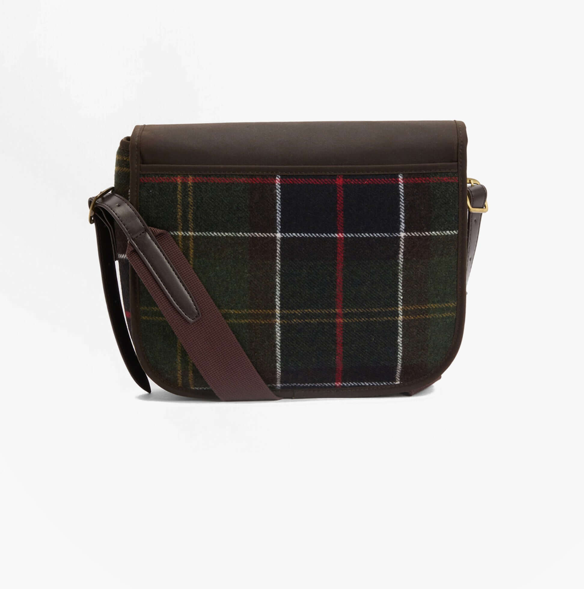 Barbour CROMARTY Crossbody Bag Womens Classic Tartan side view showing plaid pattern and brown leather details.