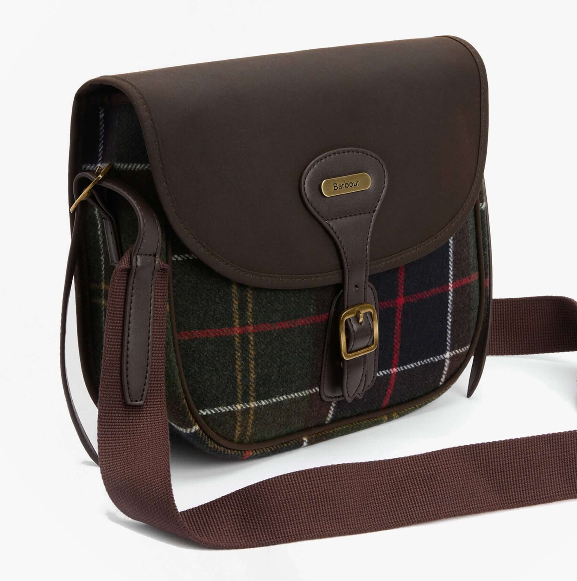Barbour CROMARTY Crossbody Bag Womens Classic Tartan side view with button closure and adjustable strap.