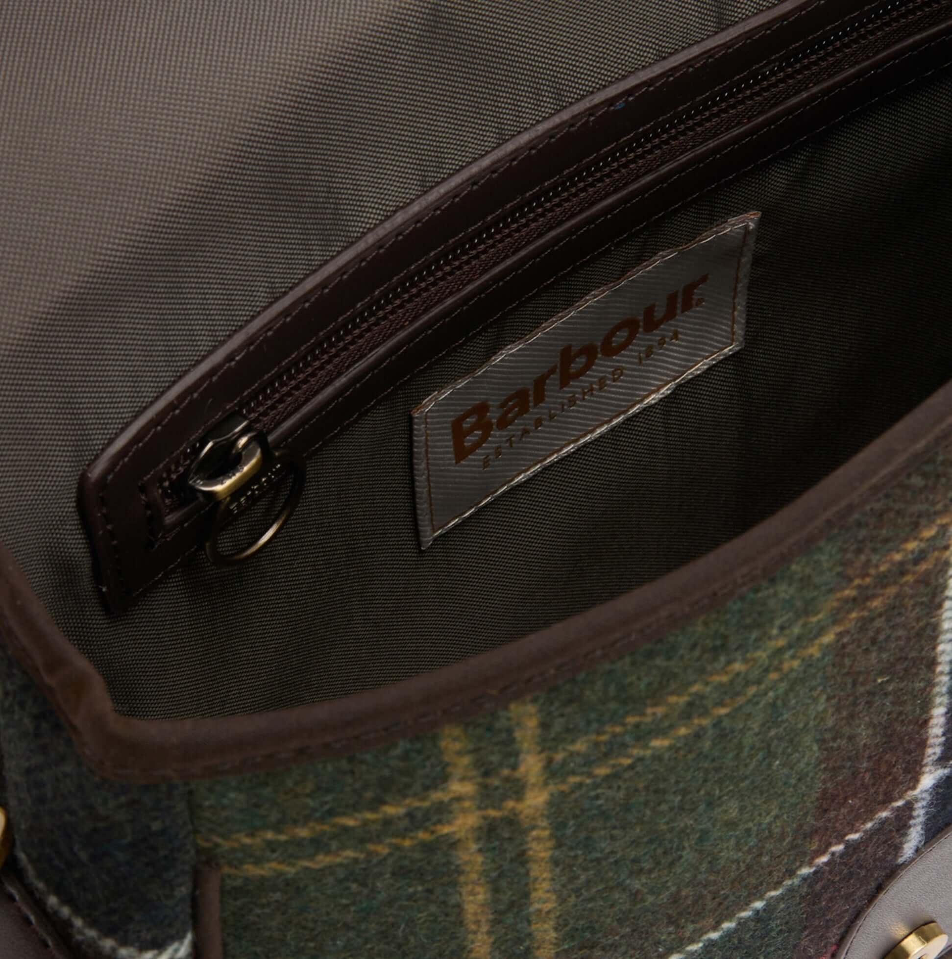 Barbour CROMARTY Crossbody Bag Womens Classic Tartan inside view with zip pocket and brand tag