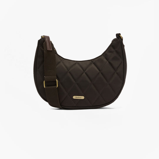 Barbour QUILTED SLING Womens Shoulder Bag Olive side view showing zip closure and quilted design