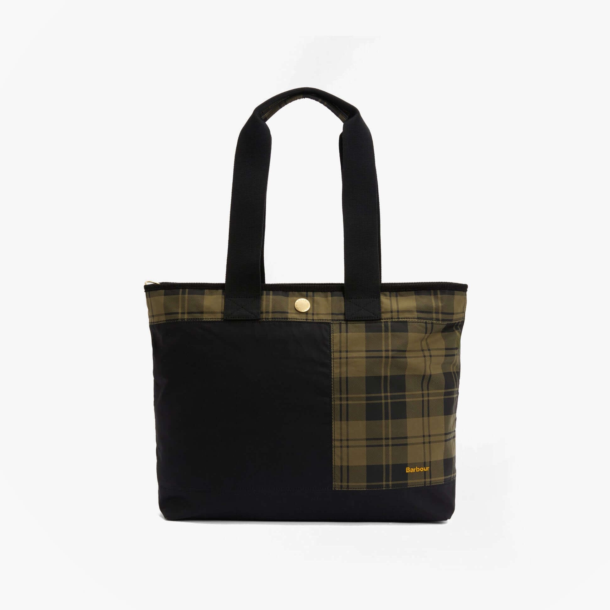 Barbour MYA PATCHWORK Tote Bag Womens Tote Bag Black/Olive Check front view showcasing plaid detail and branding.