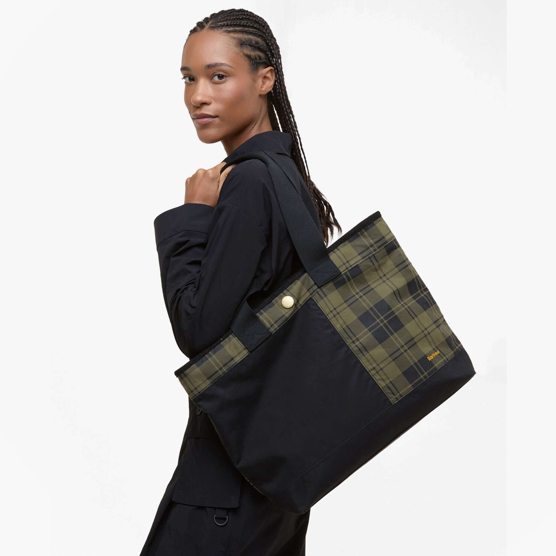 Barbour MYA PATCHWORK Tote Bag Womens Tote Bag Black/Olive Check side view showing plaid design and stylish silhouette.